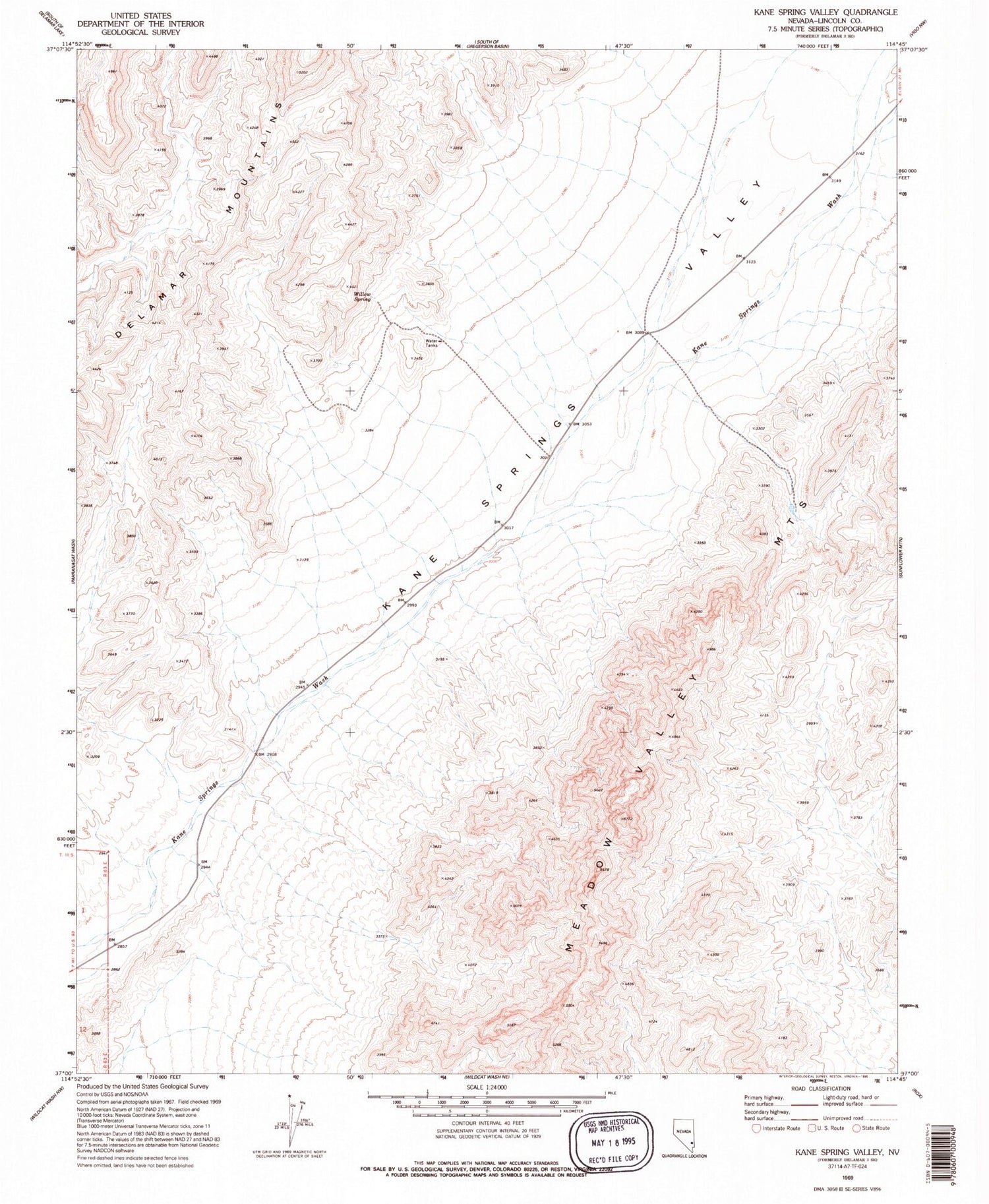 Classic USGS Kane Springs Valley Nevada 7.5'x7.5' Topo Map Image