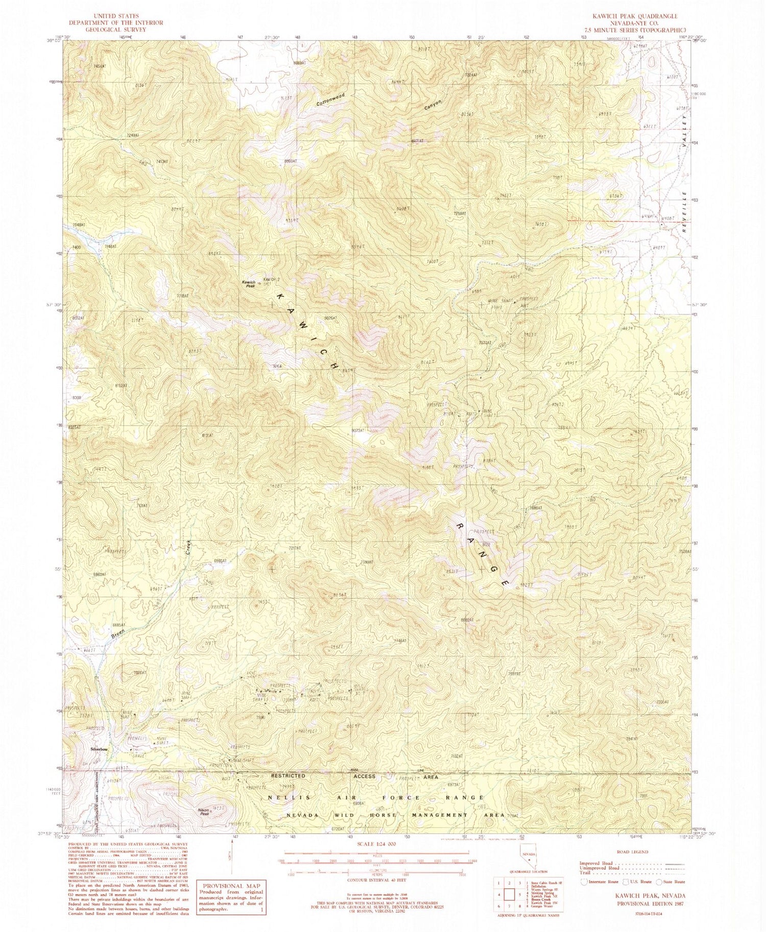 Classic USGS Kawich Peak Nevada 7.5'x7.5' Topo Map Image
