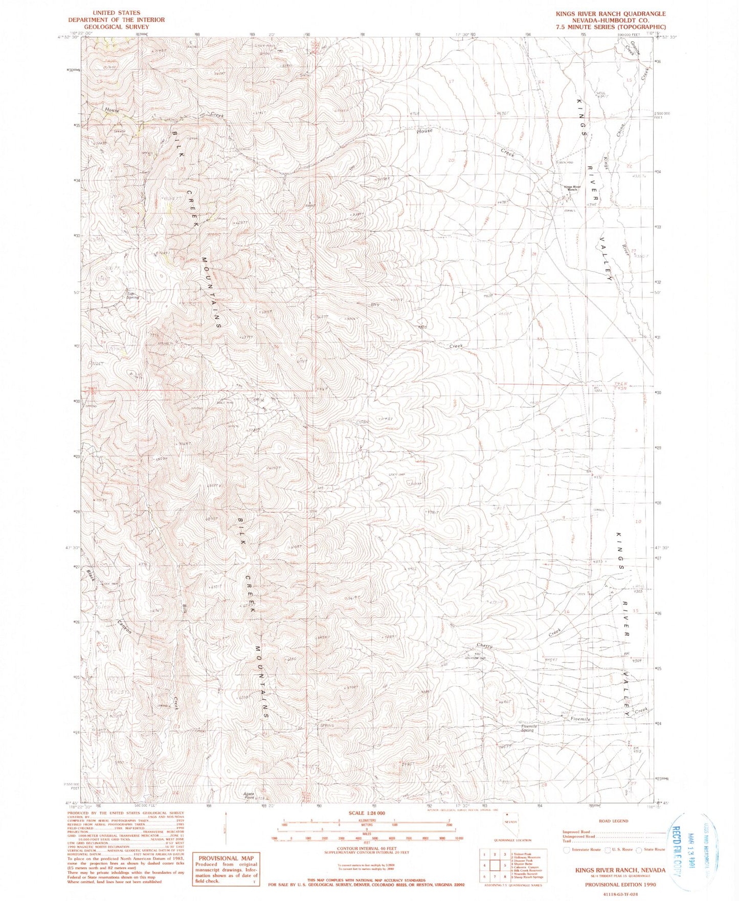 Classic USGS Kings River Ranch Nevada 7.5'x7.5' Topo Map Image