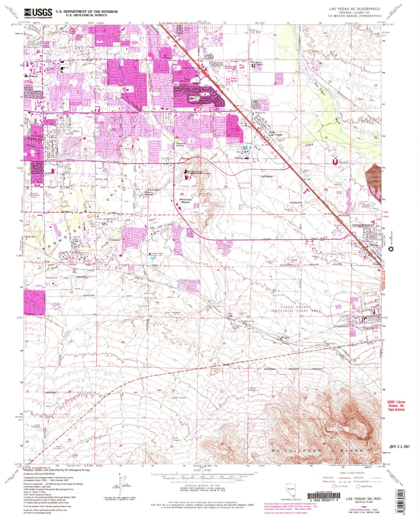 Classic USGS Las Vegas SE Nevada 7.5'x7.5' Topo Map Image