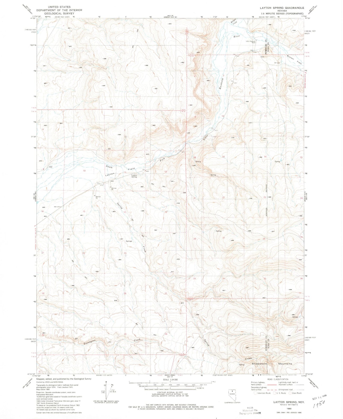 Classic USGS Layton Spring Nevada 7.5'x7.5' Topo Map Image
