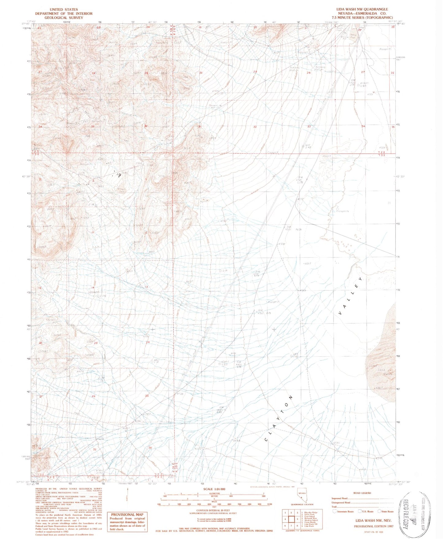Classic USGS Lida Wash NW Nevada 7.5'x7.5' Topo Map Image