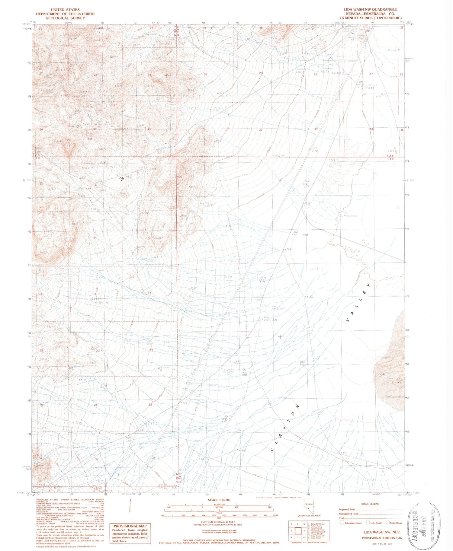 Classic USGS Lida Wash NW Nevada 7.5'x7.5' Topo Map Image