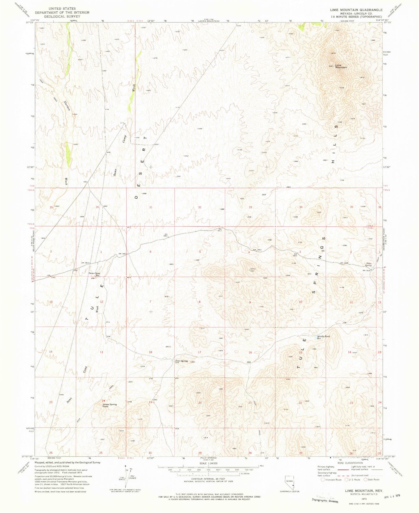 Classic USGS Lime Mountain Nevada 7.5'x7.5' Topo Map Image