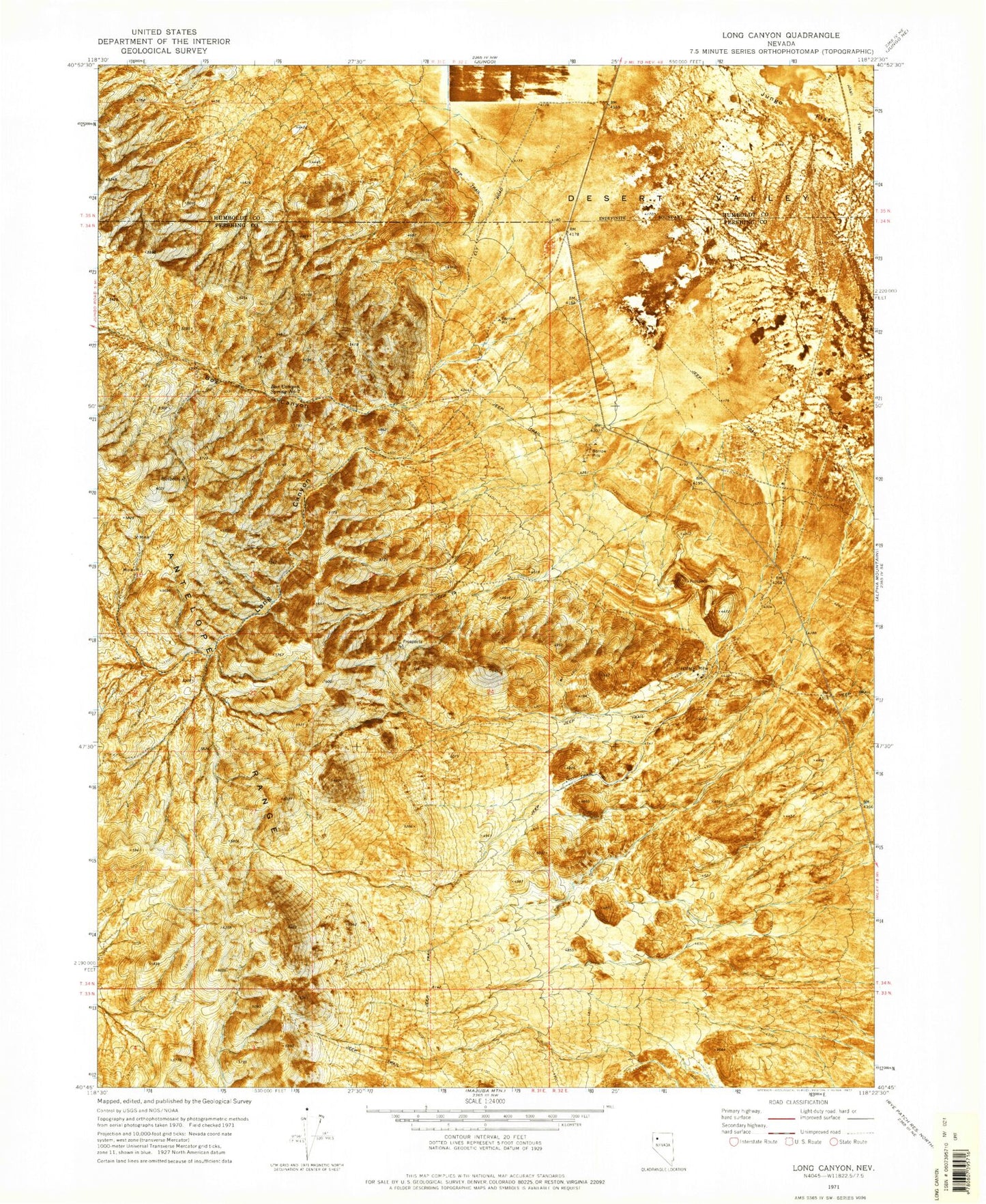 Classic USGS Long Canyon Nevada 7.5'x7.5' Topo Map Image