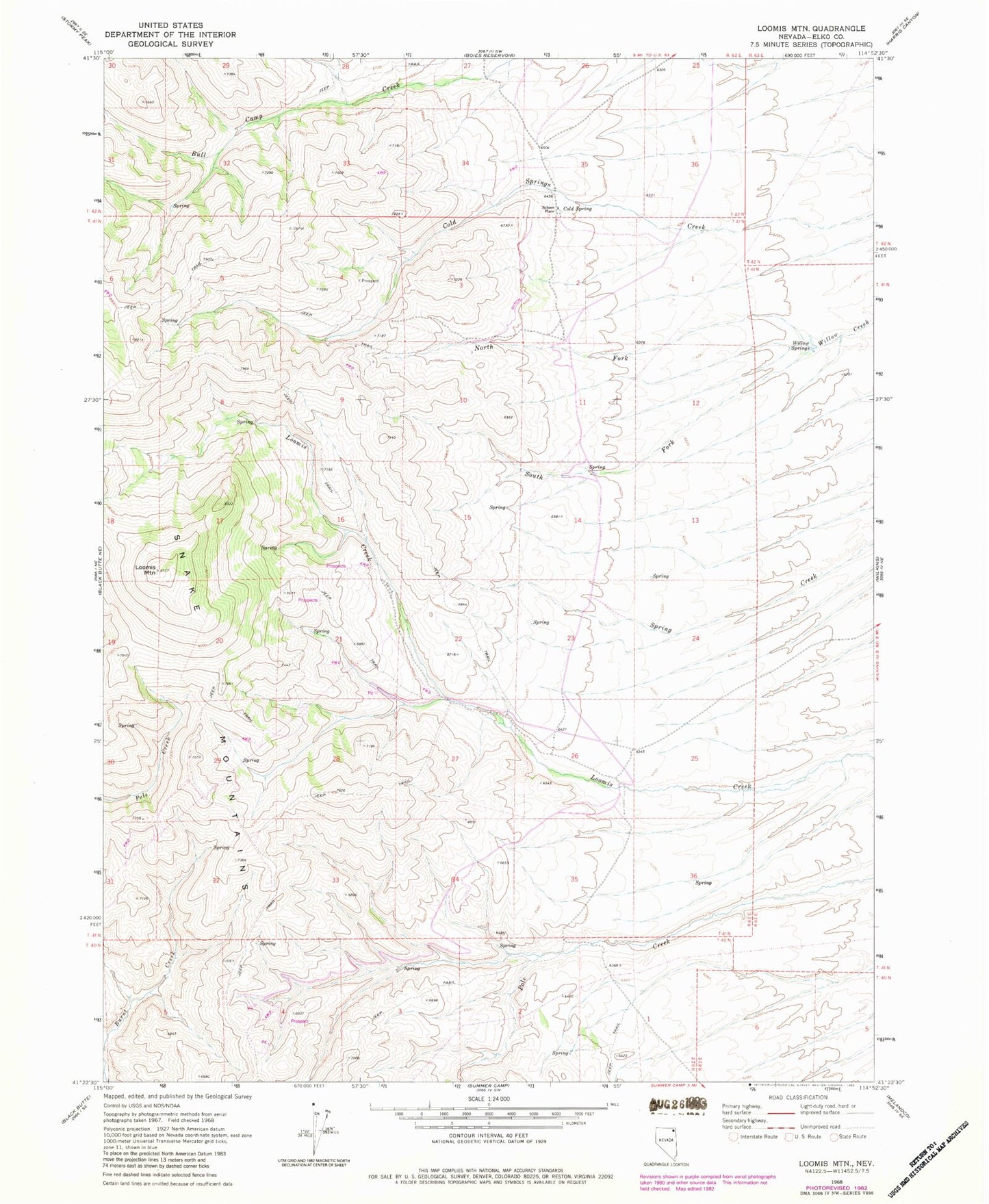 Classic USGS Loomis Mountain Nevada 7.5'x7.5' Topo Map Image