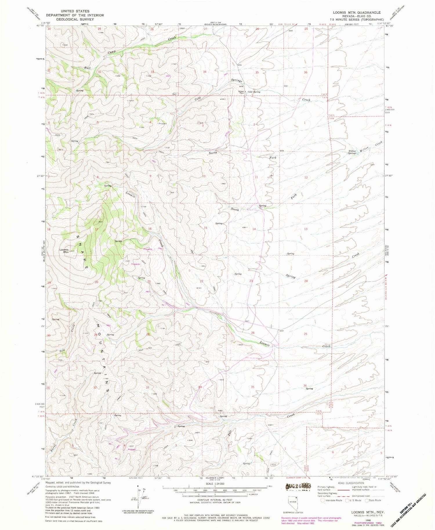 Classic USGS Loomis Mountain Nevada 7.5'x7.5' Topo Map Image