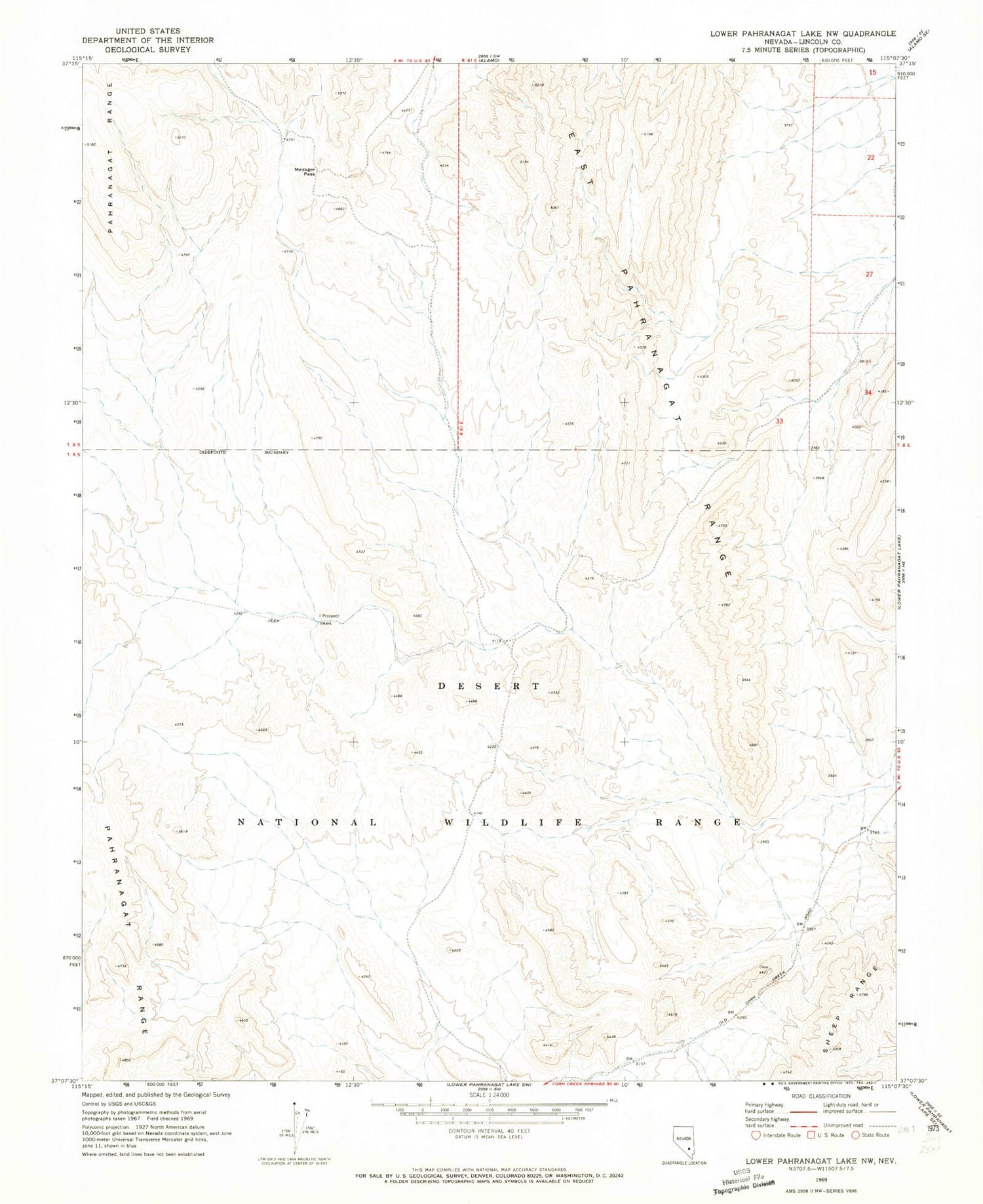 Classic USGS Lower Pahranagat Lake NW Nevada 7.5'x7.5' Topo Map Image