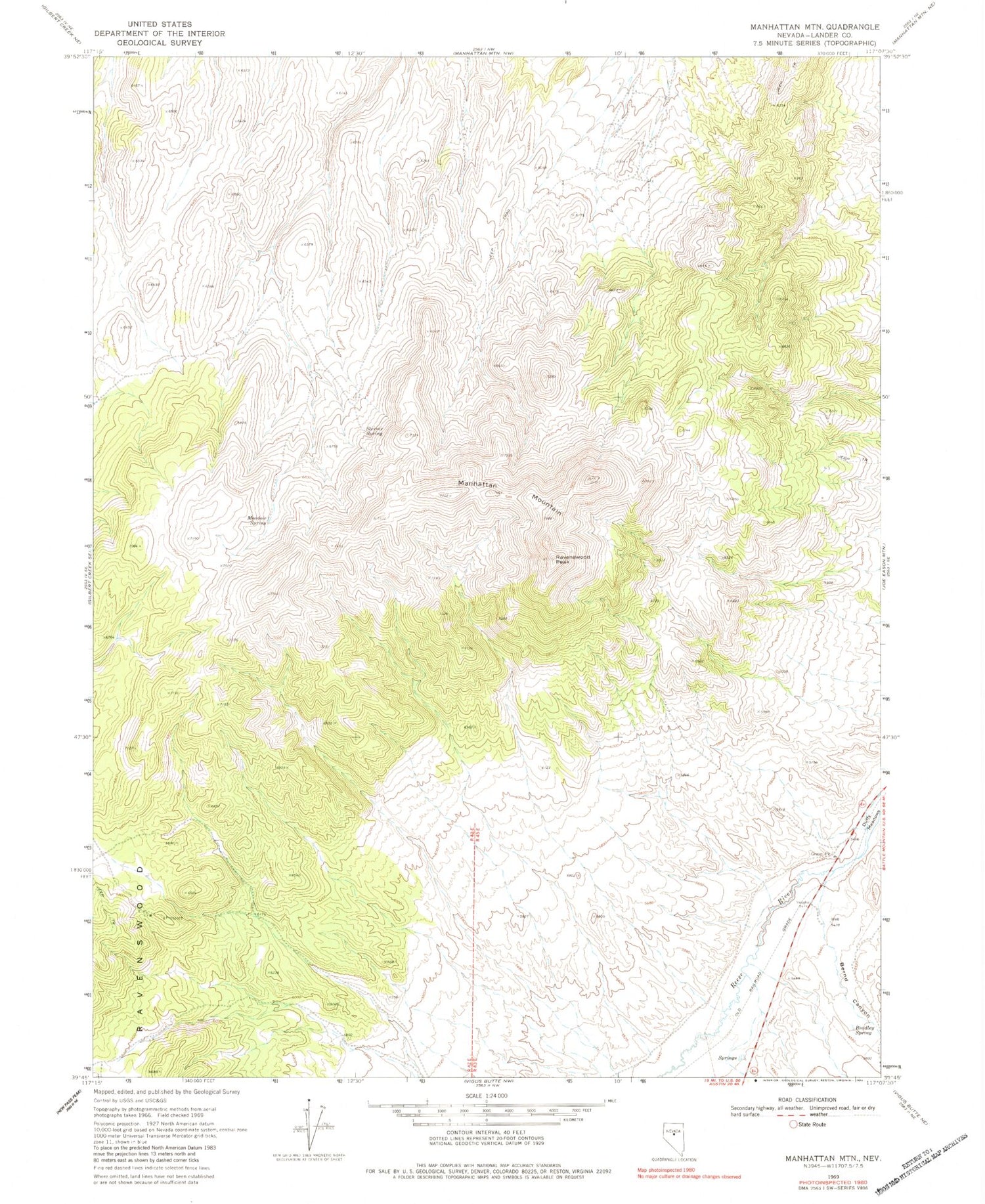 Classic USGS Manhattan Mountain Nevada 7.5'x7.5' Topo Map Image