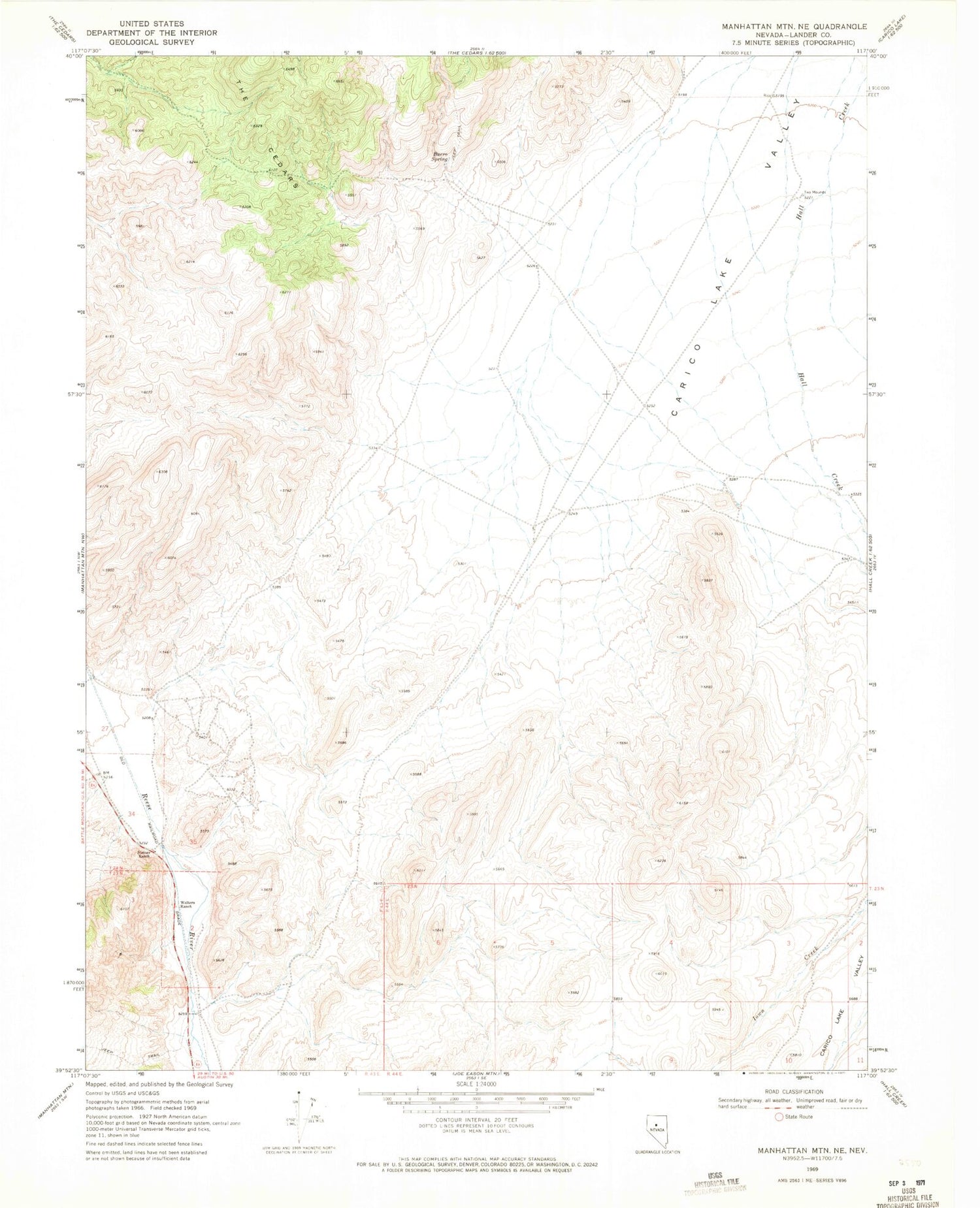 Classic USGS Manhattan Mountain NE Nevada 7.5'x7.5' Topo Map Image