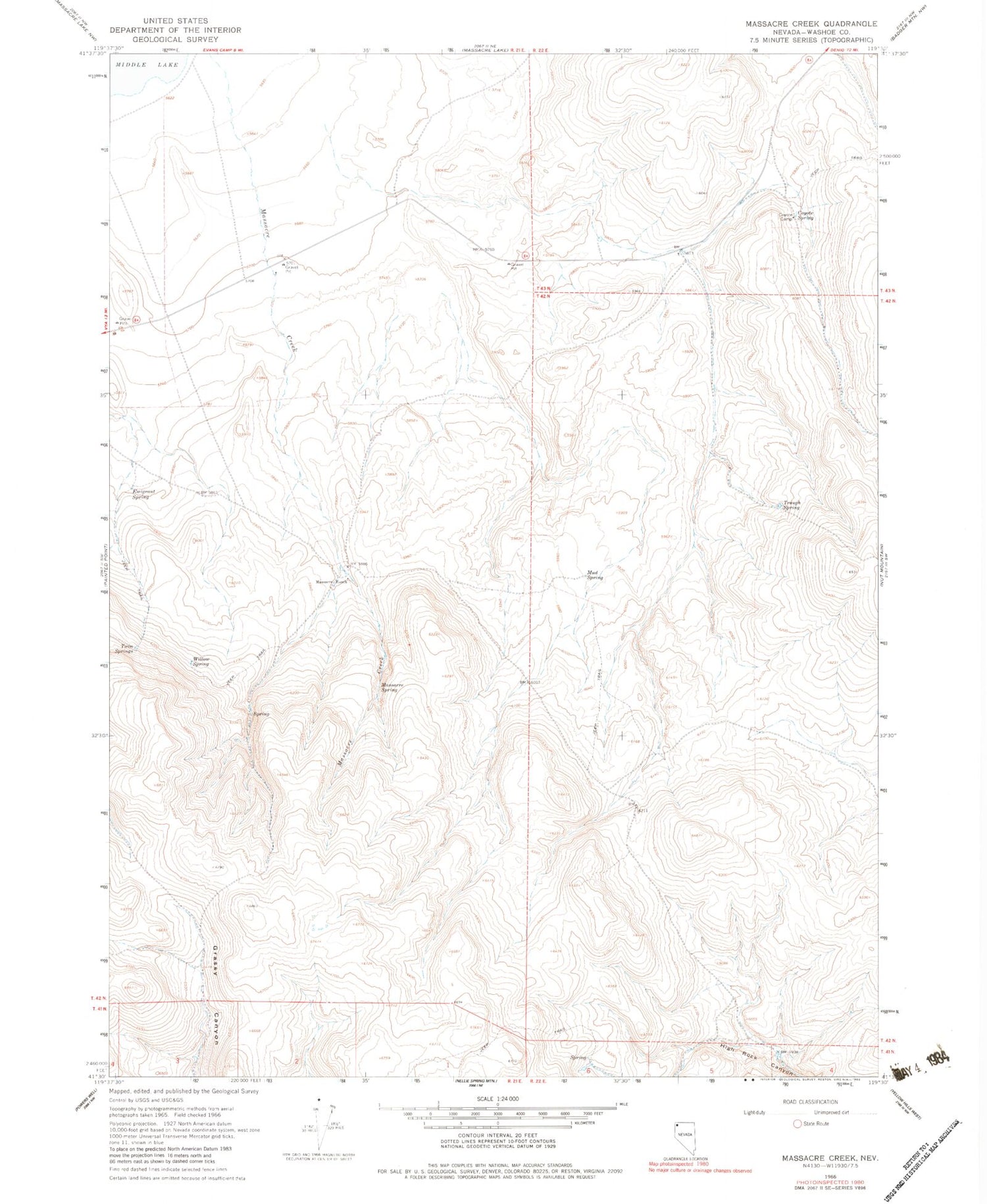 Classic USGS Massacre Creek Nevada 7.5'x7.5' Topo Map Image