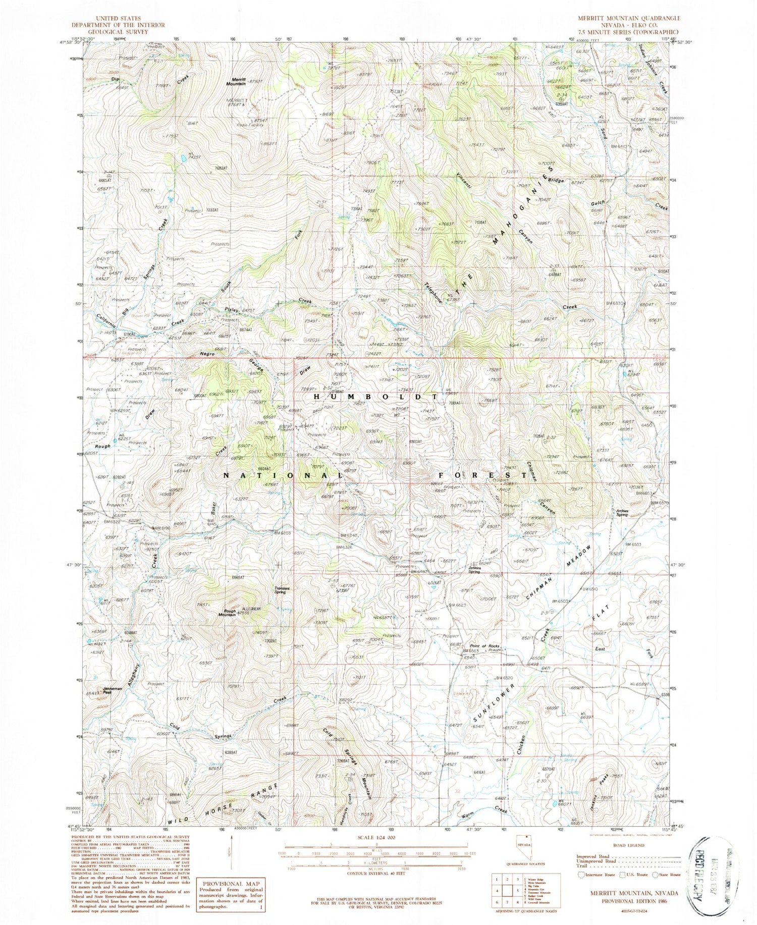 Classic USGS Merritt Mountain Nevada 7.5'x7.5' Topo Map Image