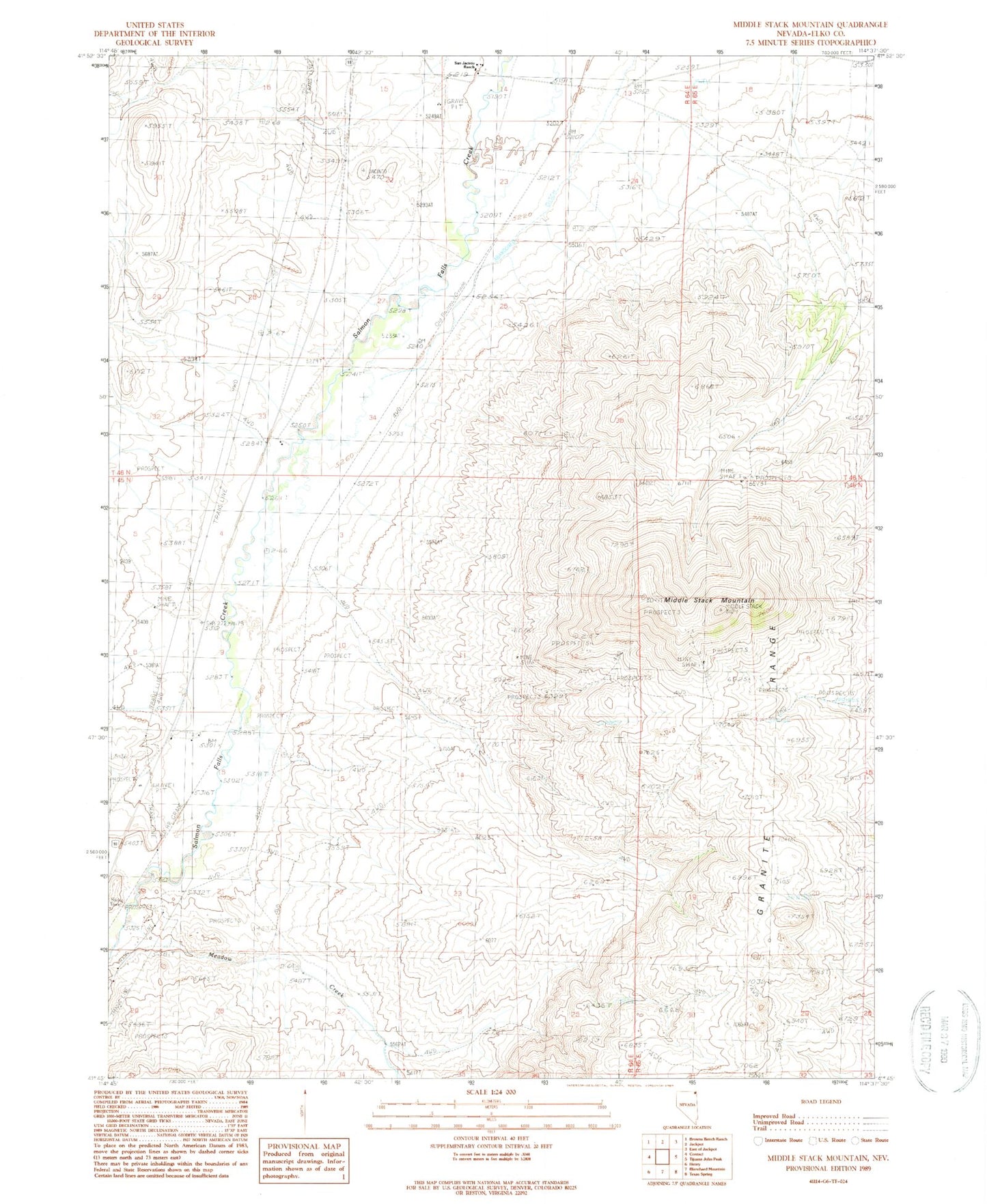 Classic USGS Middle Stack Mountain Nevada 7.5'x7.5' Topo Map Image