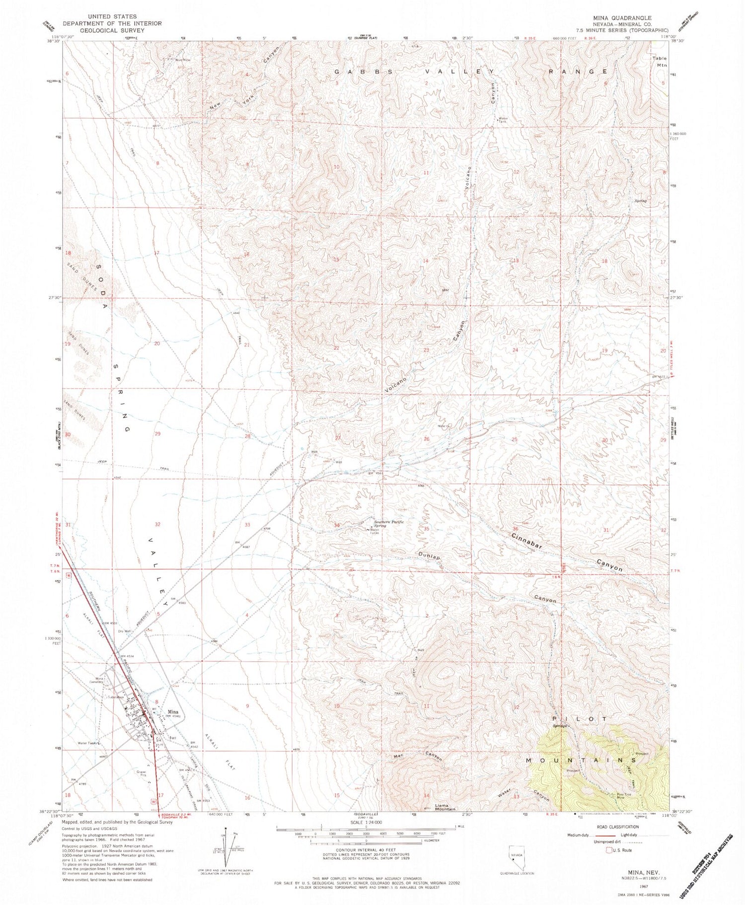 Classic USGS Mina Nevada 7.5'x7.5' Topo Map Image