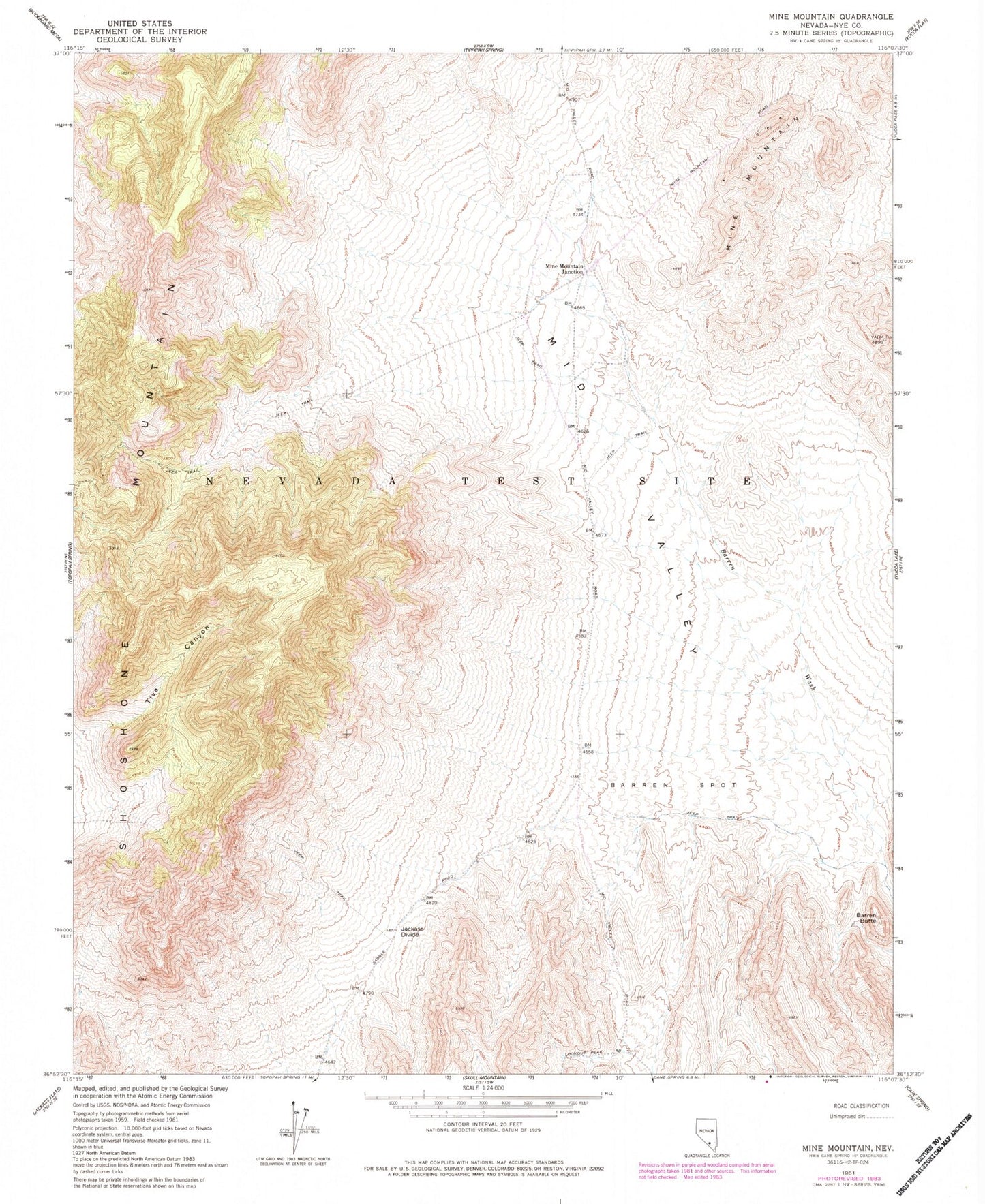Classic USGS Mine Mountain Nevada 7.5'x7.5' Topo Map Image