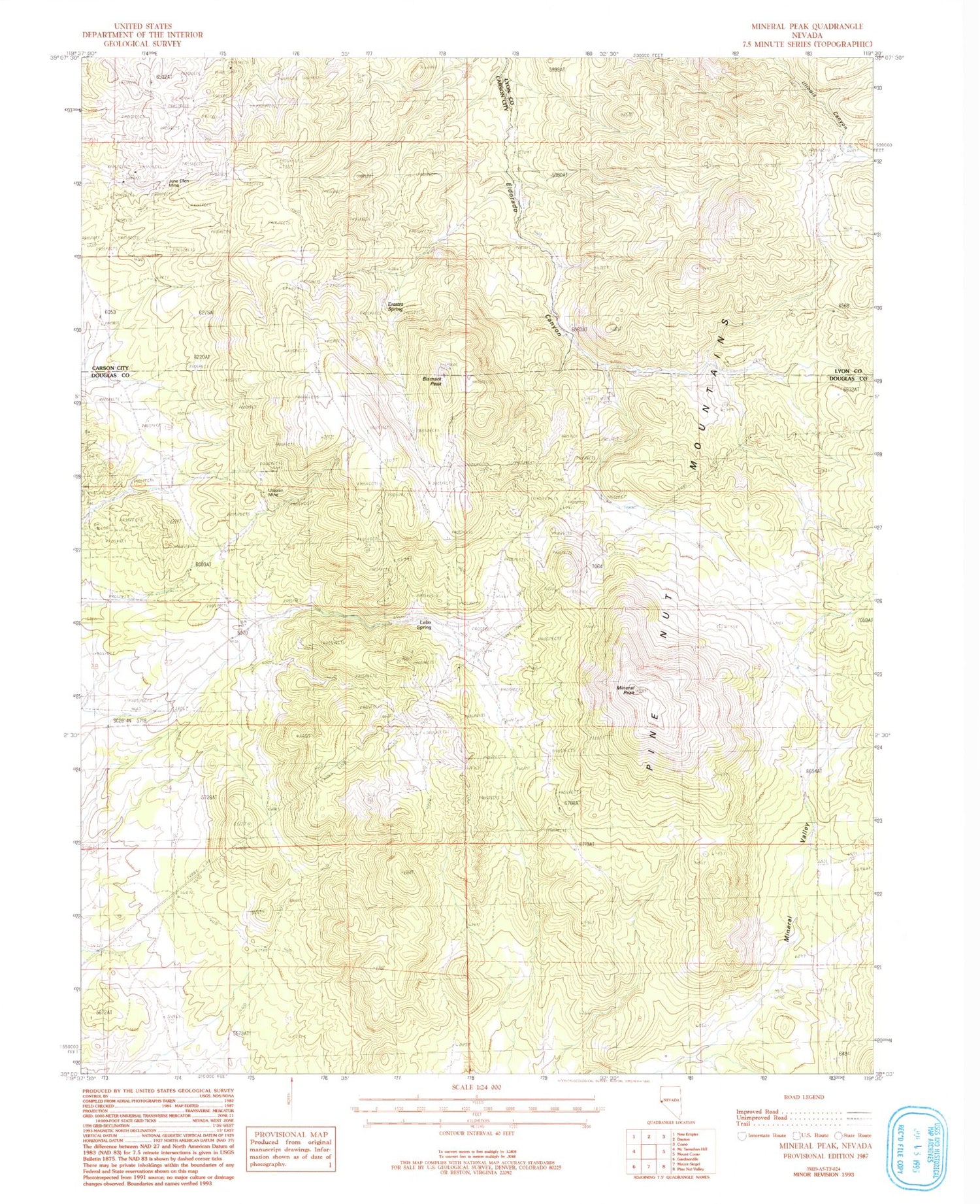 Classic USGS Mineral Peak Nevada 7.5'x7.5' Topo Map Image