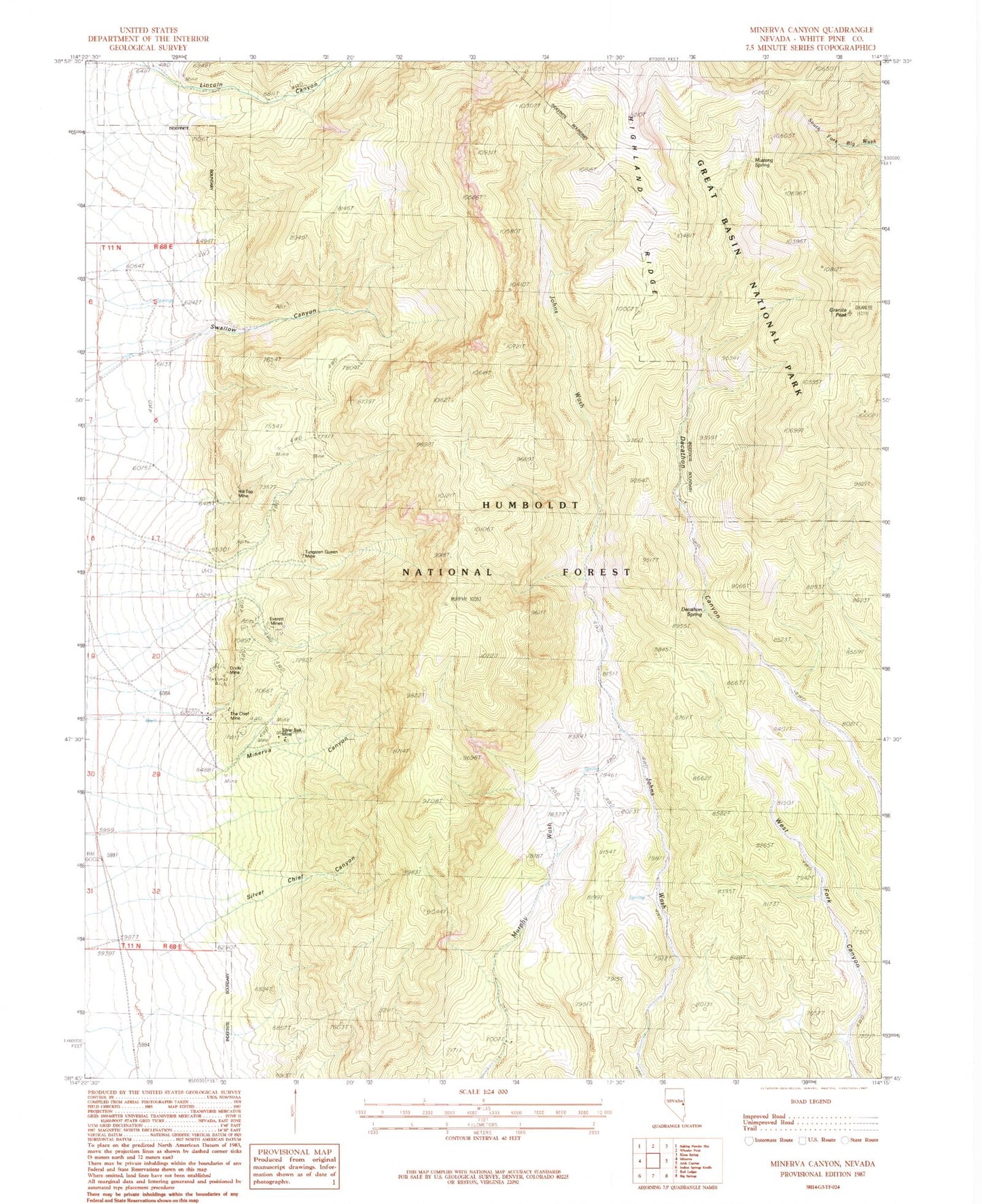 Classic USGS Minerva Canyon Nevada 7.5'x7.5' Topo Map Image