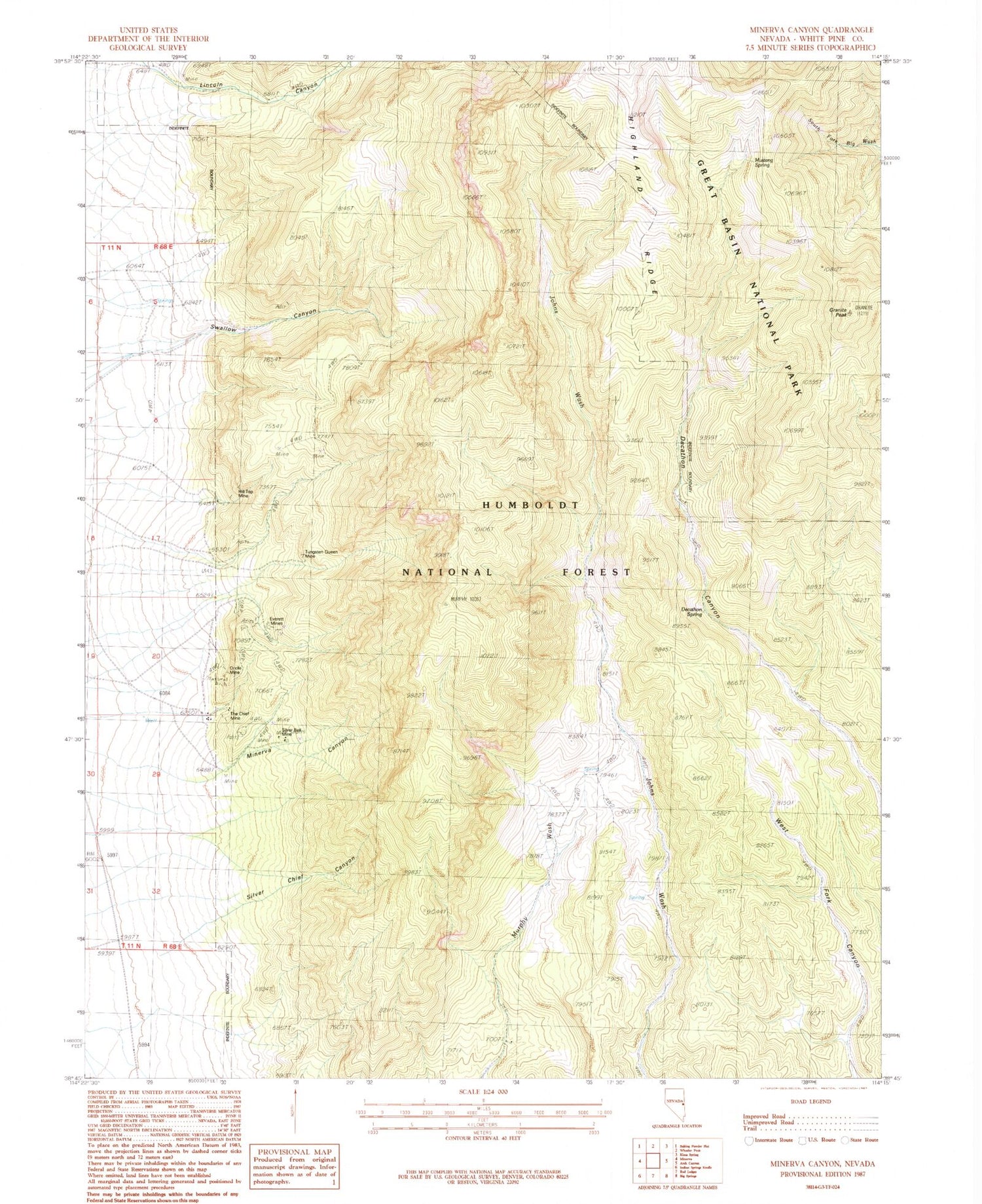 Classic USGS Minerva Canyon Nevada 7.5'x7.5' Topo Map Image