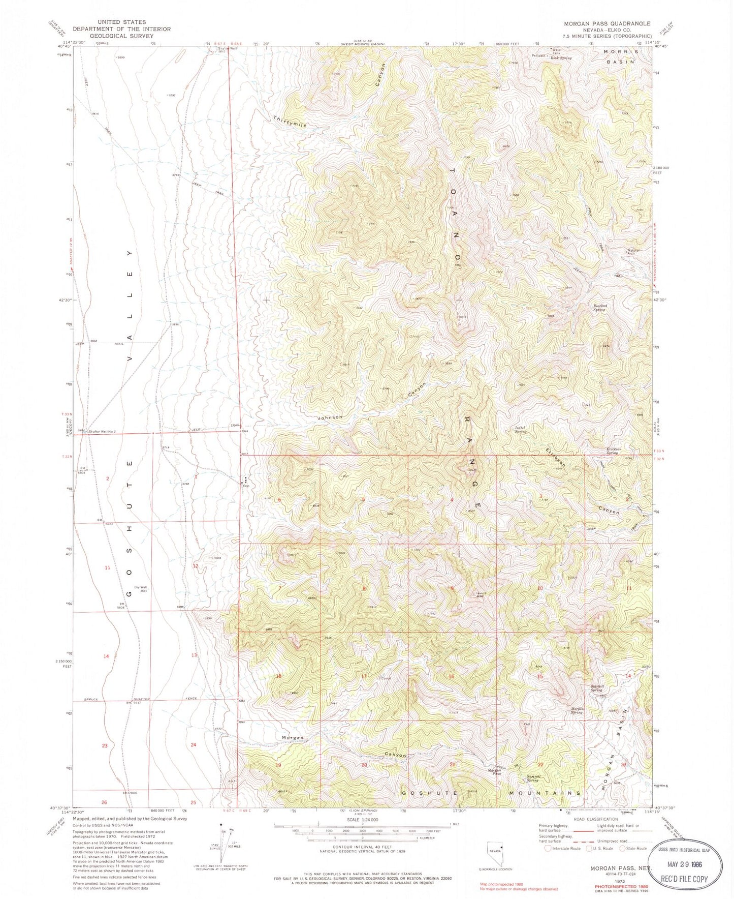 Classic USGS Morgan Pass Nevada 7.5'x7.5' Topo Map Image
