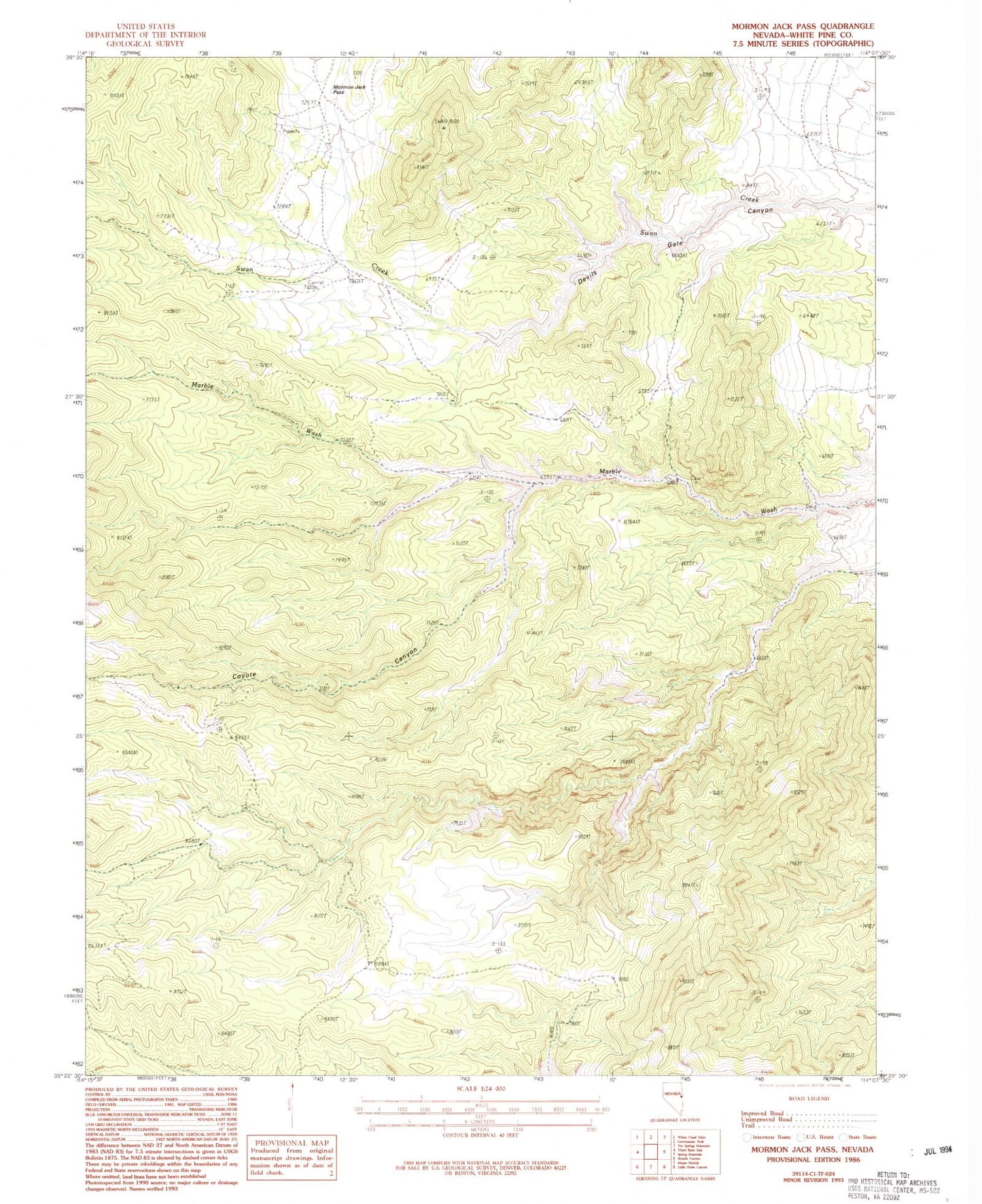 Classic USGS Mormon Jack Pass Nevada 7.5'x7.5' Topo Map Image