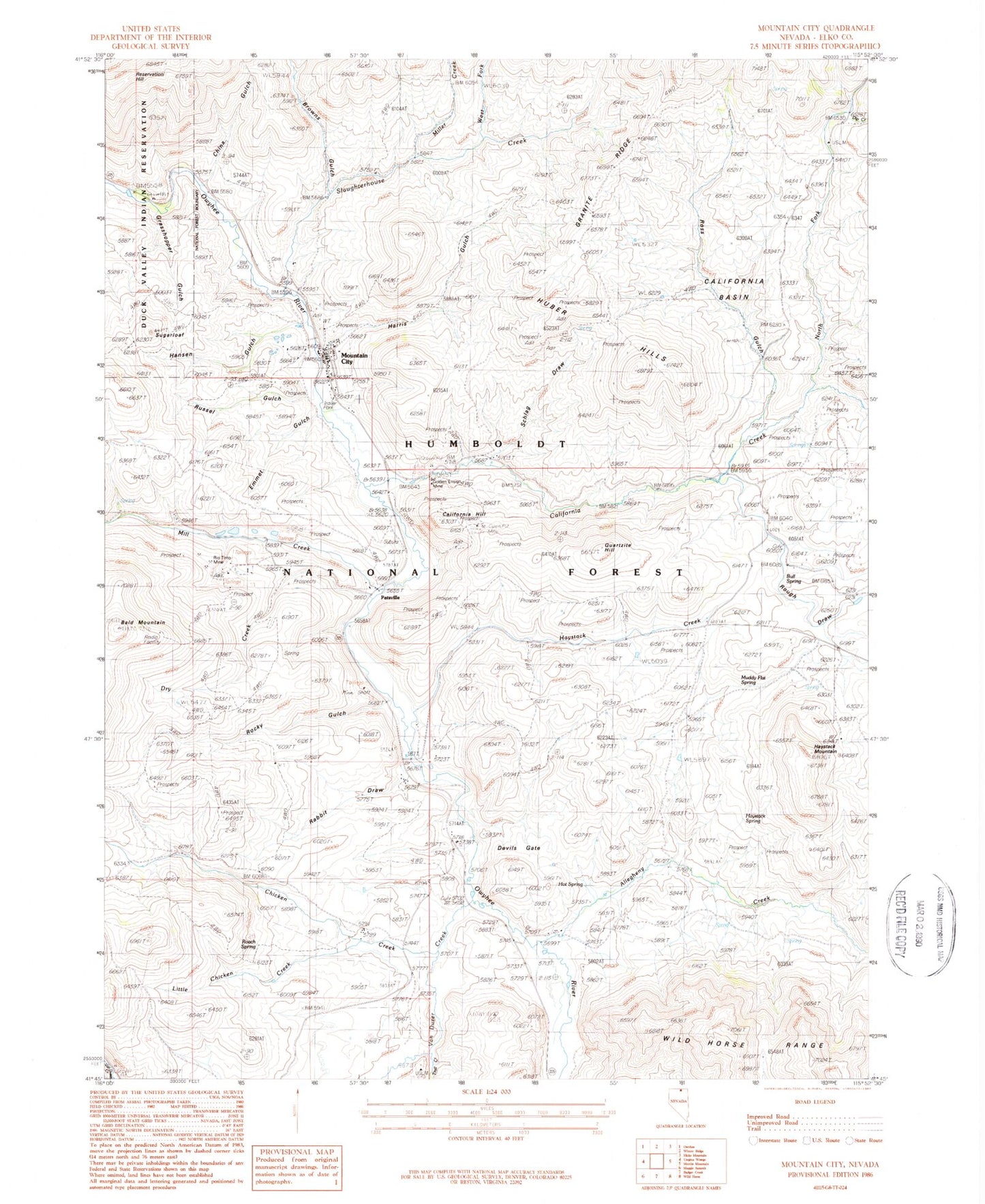 Classic USGS Mountain City Nevada 7.5'x7.5' Topo Map Image