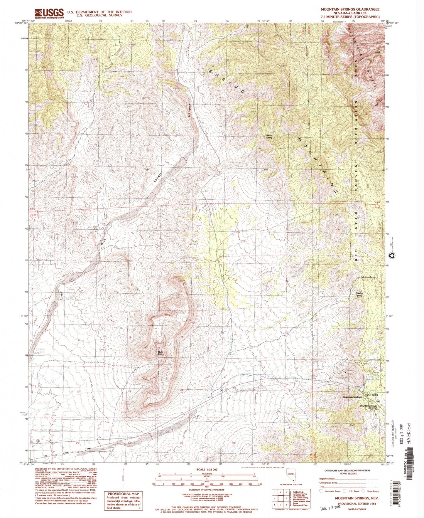 Classic USGS Mountain Springs Nevada 7.5'x7.5' Topo Map Image