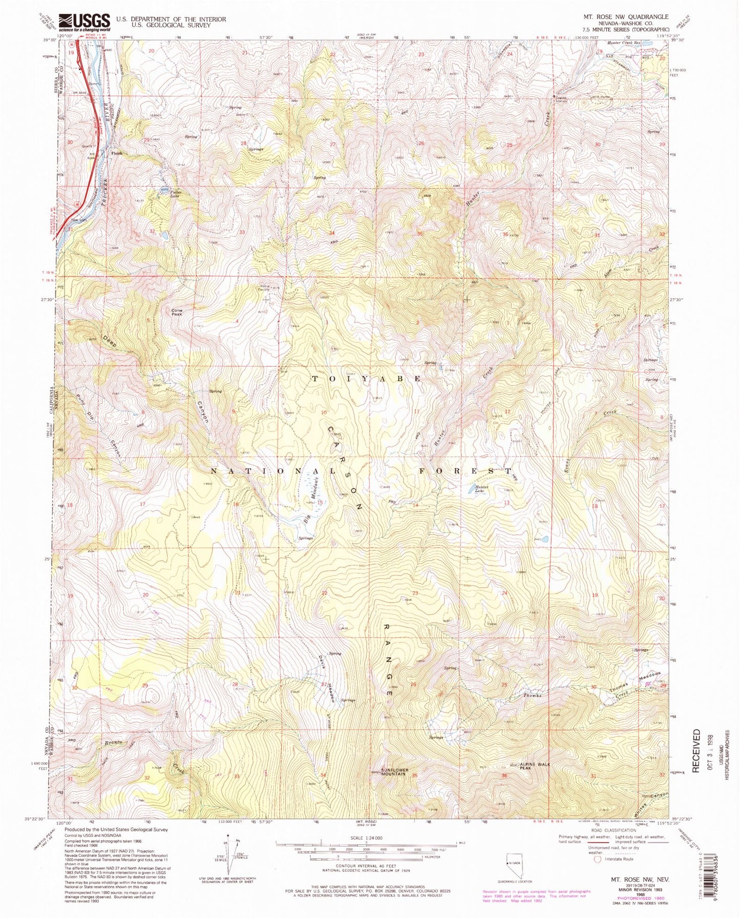 Classic USGS Mount Rose NW Nevada 7.5'x7.5' Topo Map Image