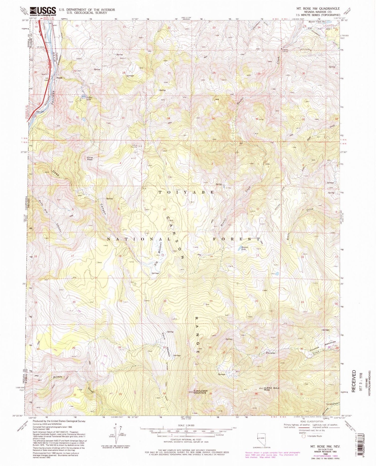 Classic USGS Mount Rose NW Nevada 7.5'x7.5' Topo Map Image
