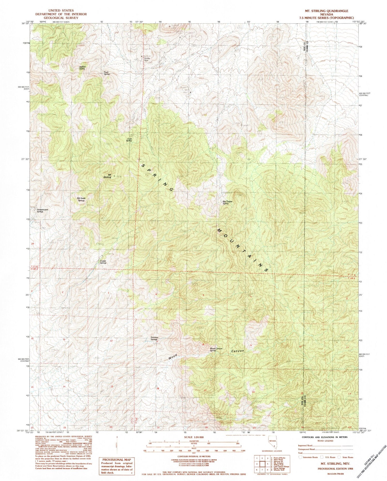 Classic USGS Mount Stirling Nevada 7.5'x7.5' Topo Map Image