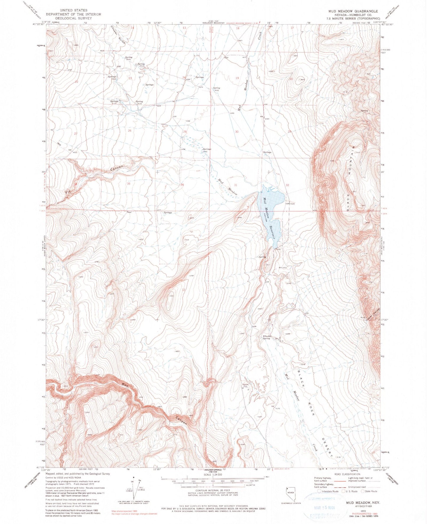 Classic USGS Mud Meadow Nevada 7.5'x7.5' Topo Map Image