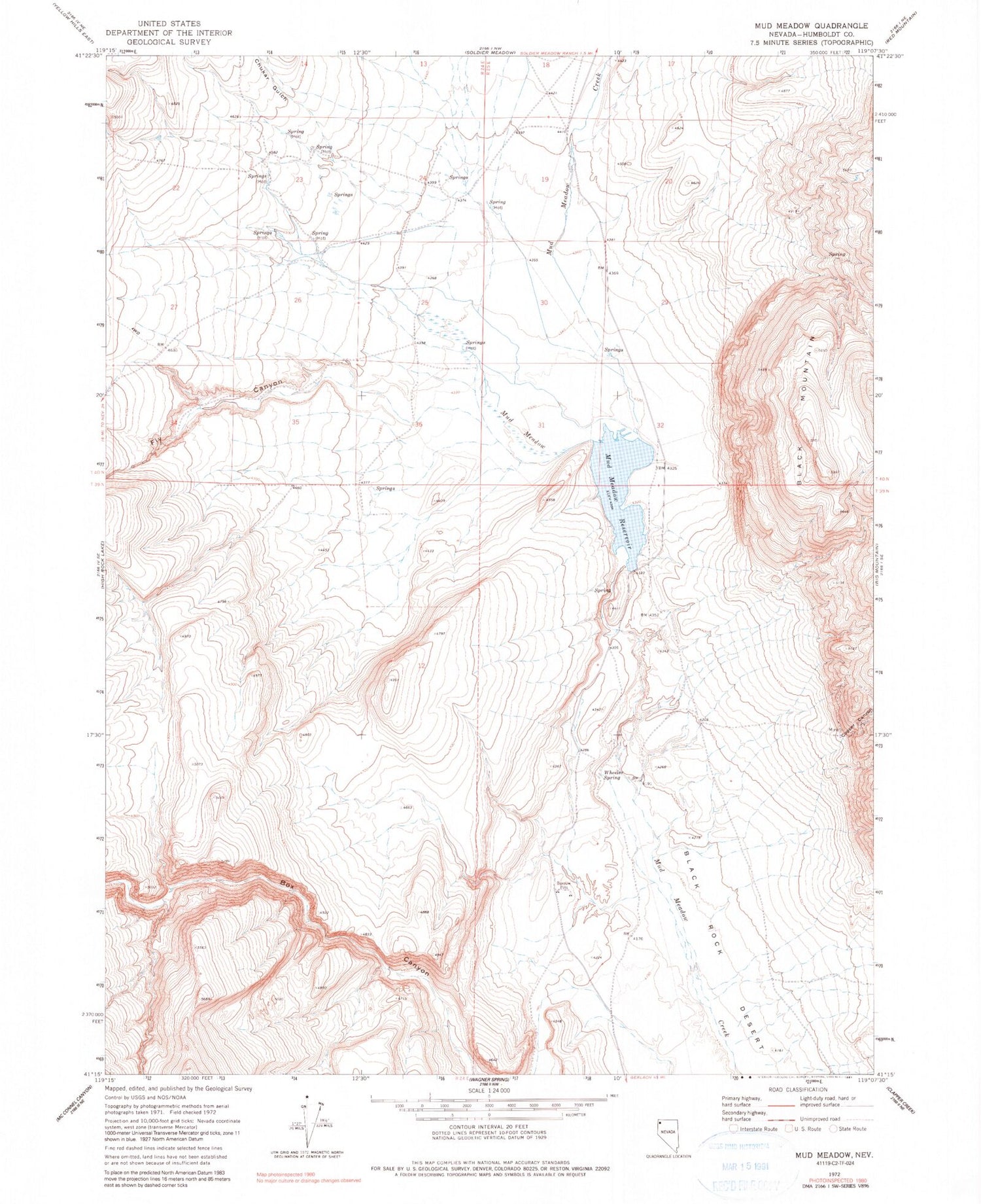 Classic USGS Mud Meadow Nevada 7.5'x7.5' Topo Map Image