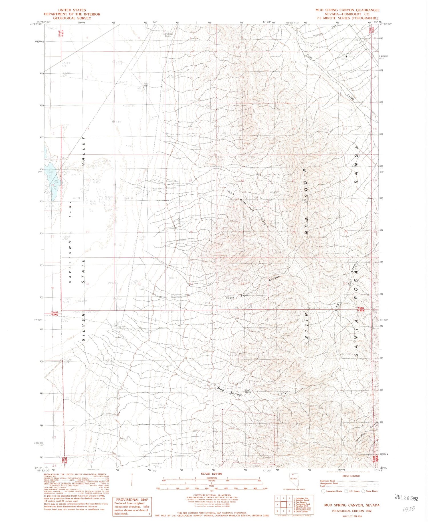 Classic USGS Mud Spring Canyon Nevada 7.5'x7.5' Topo Map Image