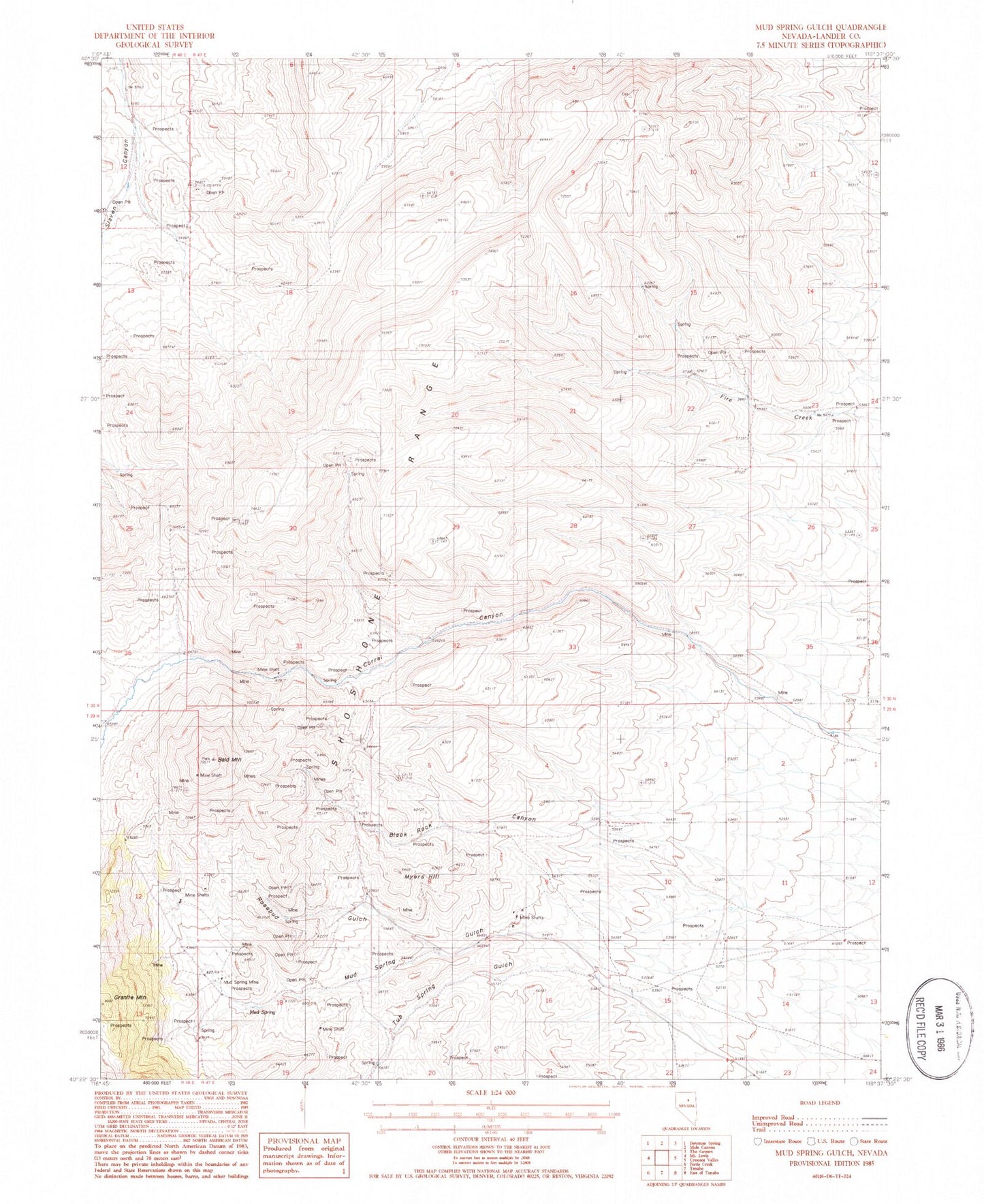 Classic USGS Mud Spring Gulch Nevada 7.5'x7.5' Topo Map Image