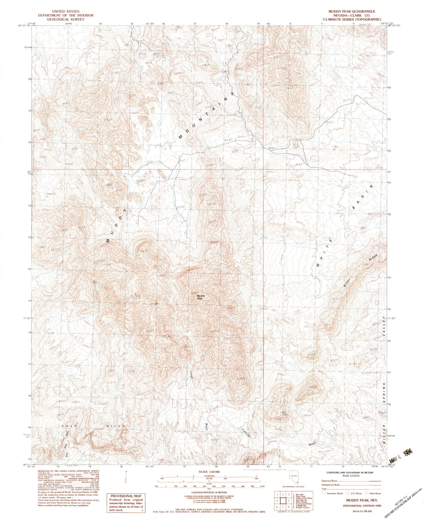 Classic USGS Muddy Peak Nevada 7.5'x7.5' Topo Map Image