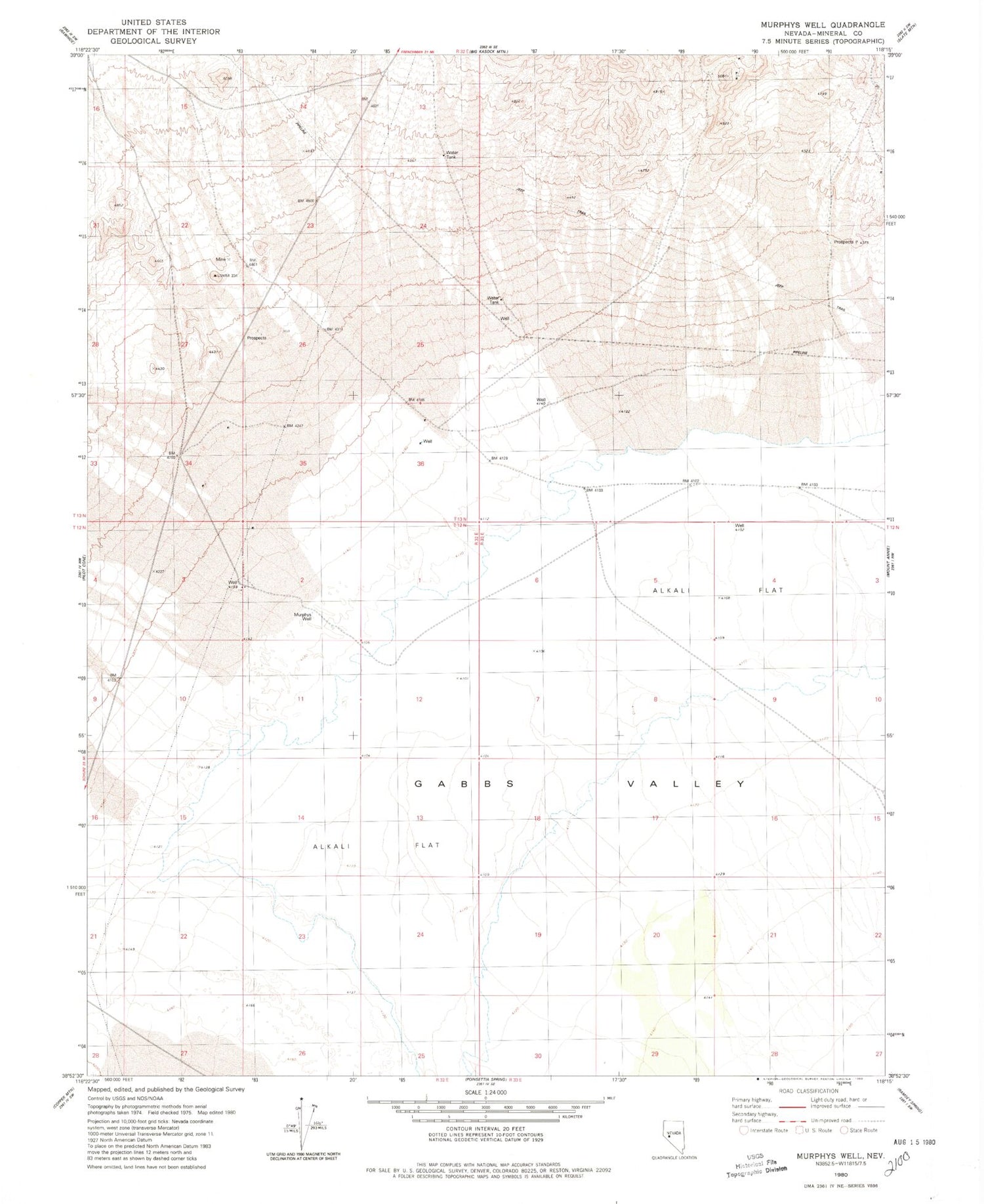 Classic USGS Murphys Well Nevada 7.5'x7.5' Topo Map Image
