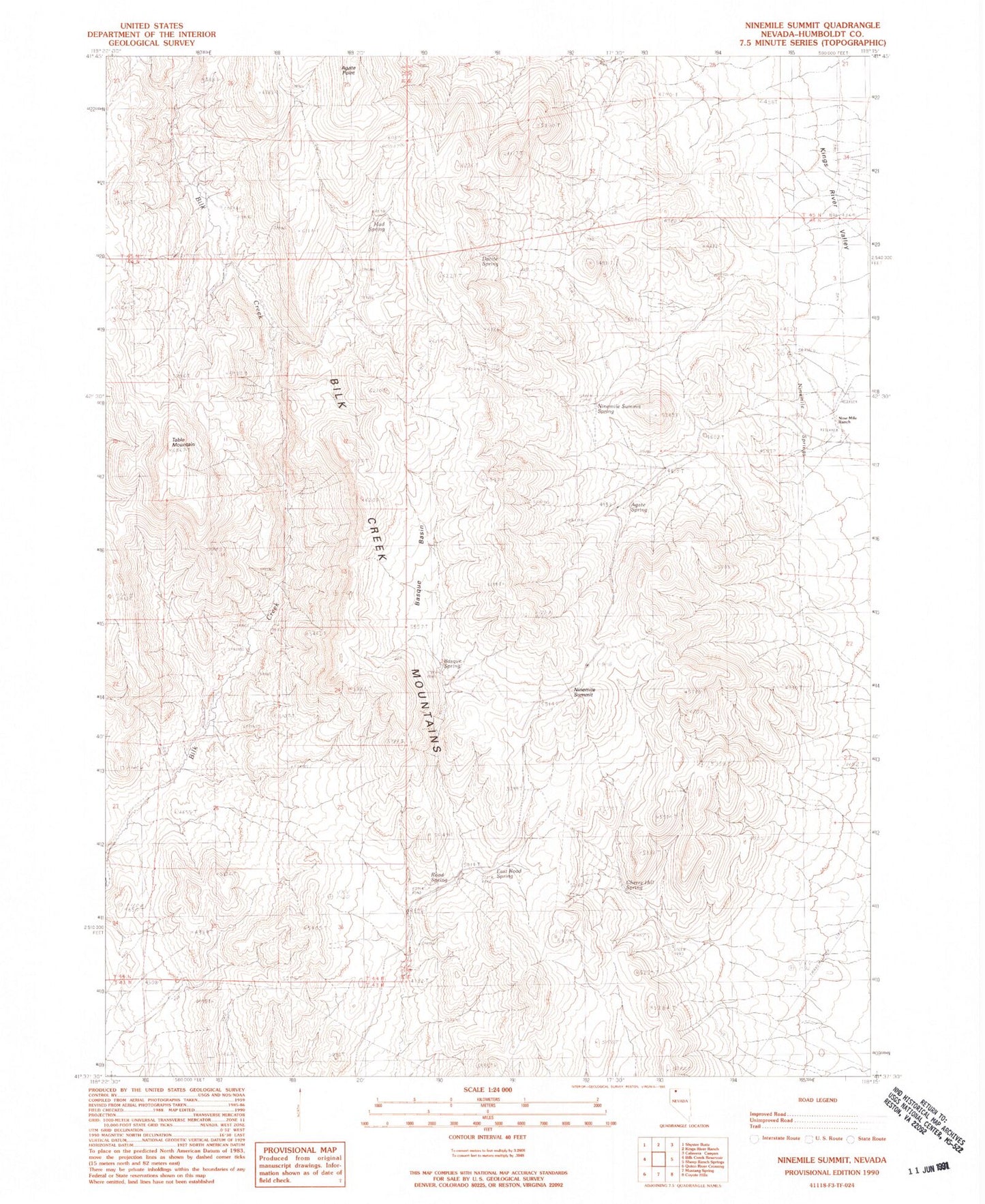 Classic USGS Ninemile Summit Nevada 7.5'x7.5' Topo Map Image