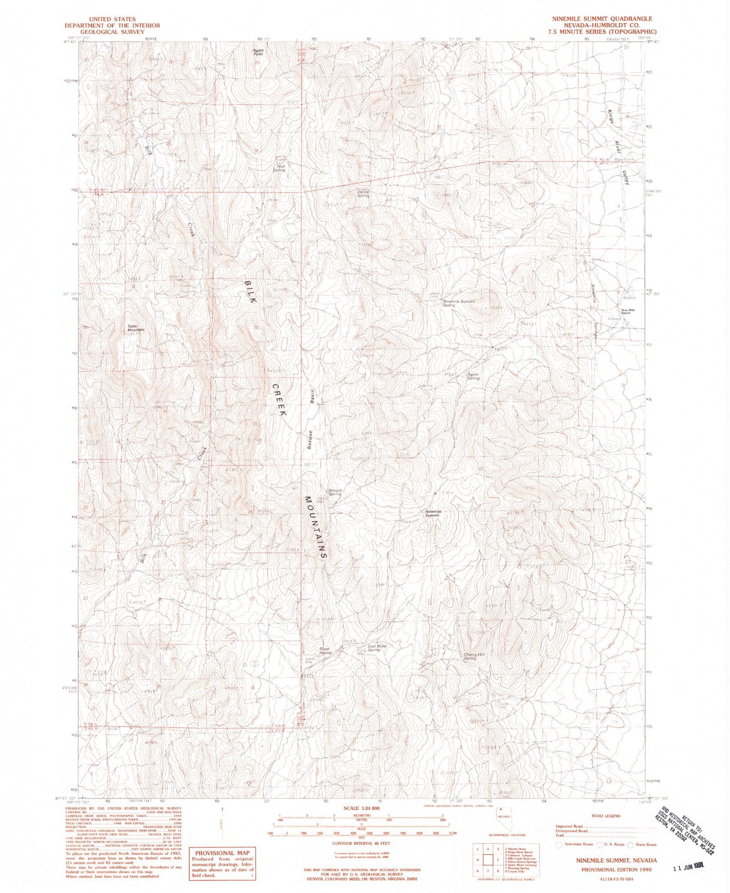 Classic USGS Ninemile Summit Nevada 7.5'x7.5' Topo Map Image