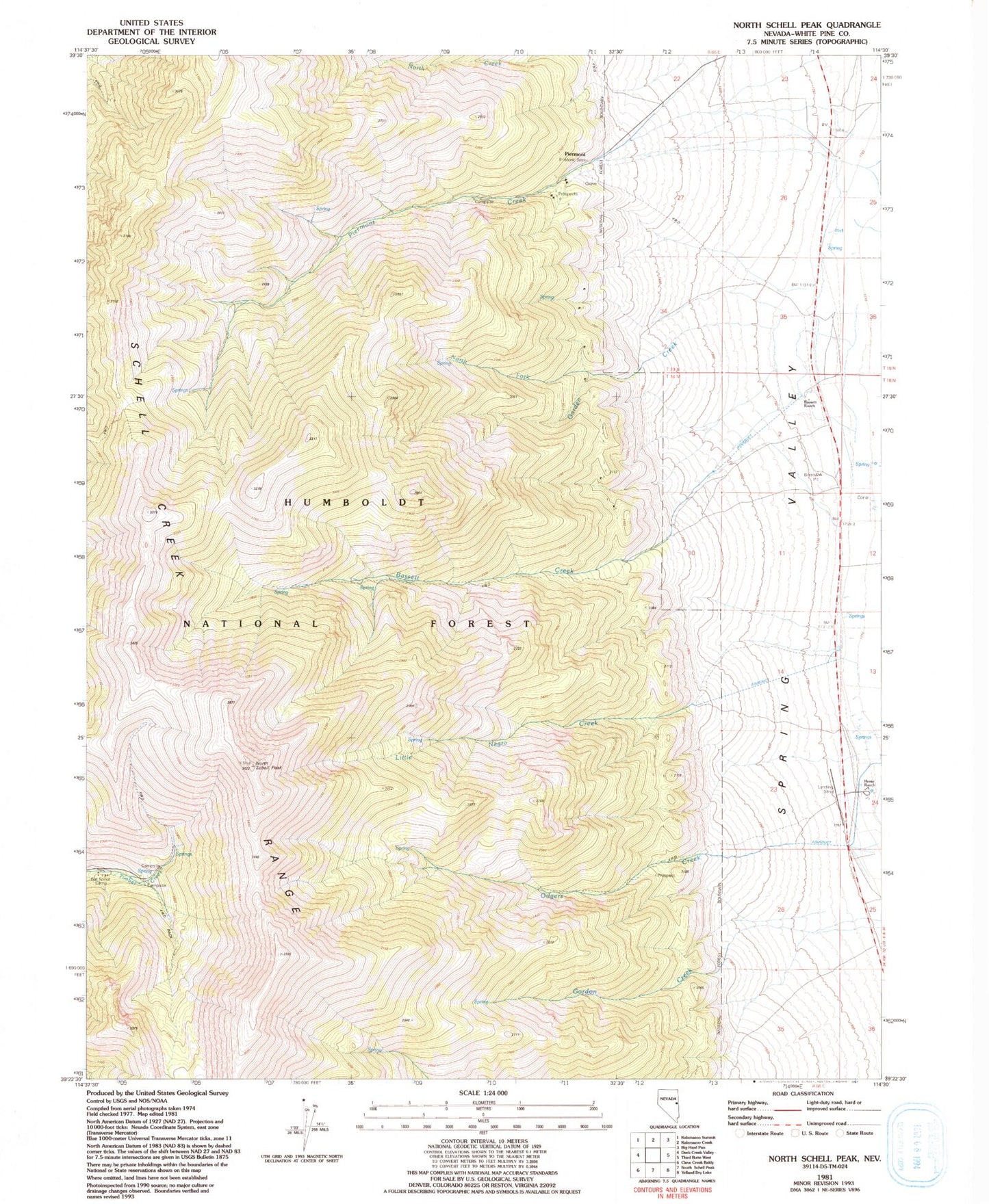 Classic USGS North Schell Peak Nevada 7.5'x7.5' Topo Map Image