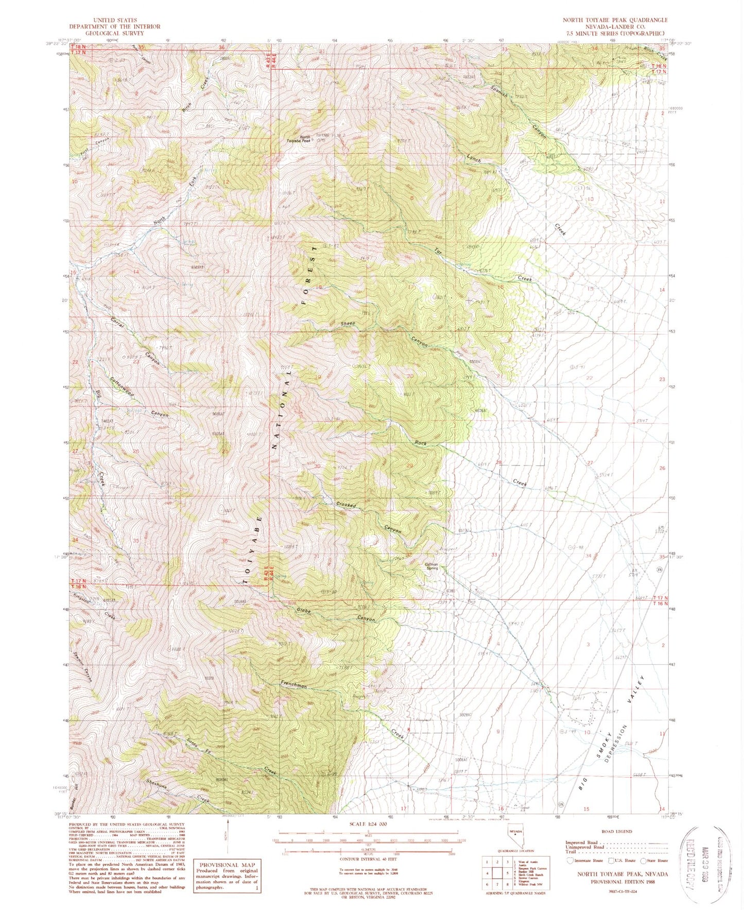Classic USGS North Toiyabe Peak Nevada 7.5'x7.5' Topo Map Image