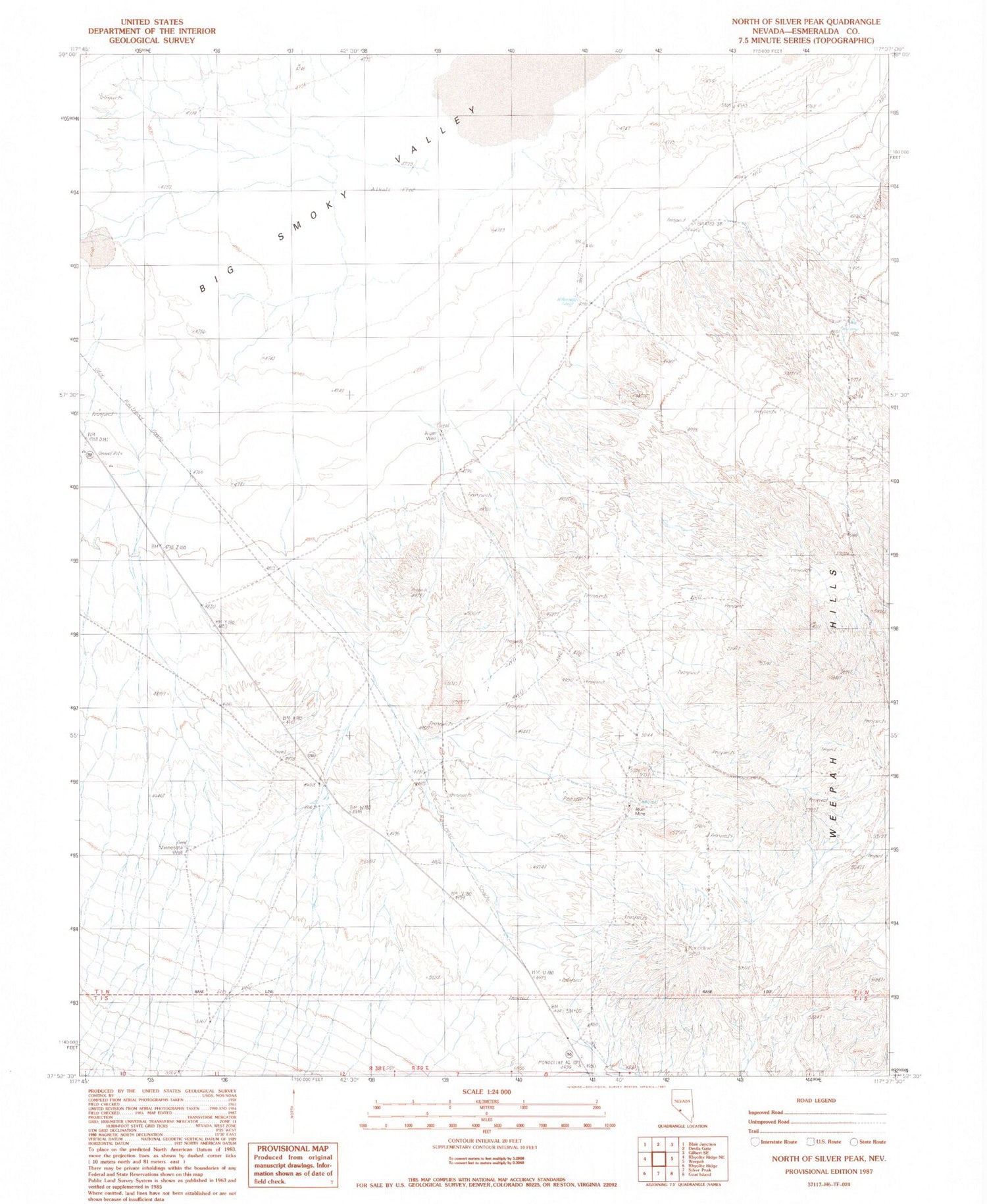 Classic USGS North of Silver Peak Nevada 7.5'x7.5' Topo Map Image