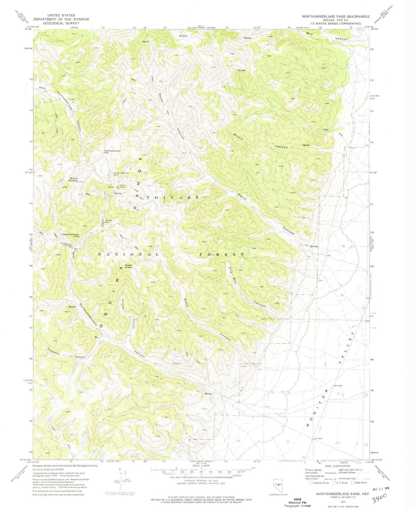 Classic USGS Northumberland Pass Nevada 7.5'x7.5' Topo Map Image