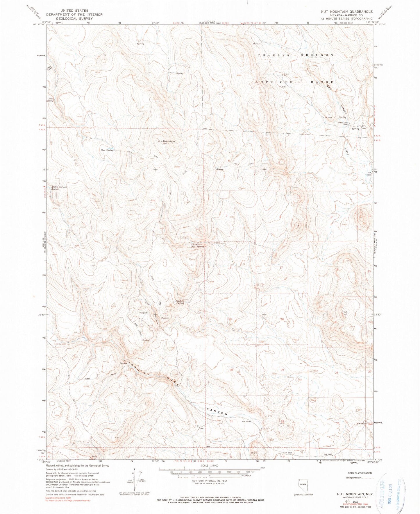 Classic USGS Nut Mountain Nevada 7.5'x7.5' Topo Map Image