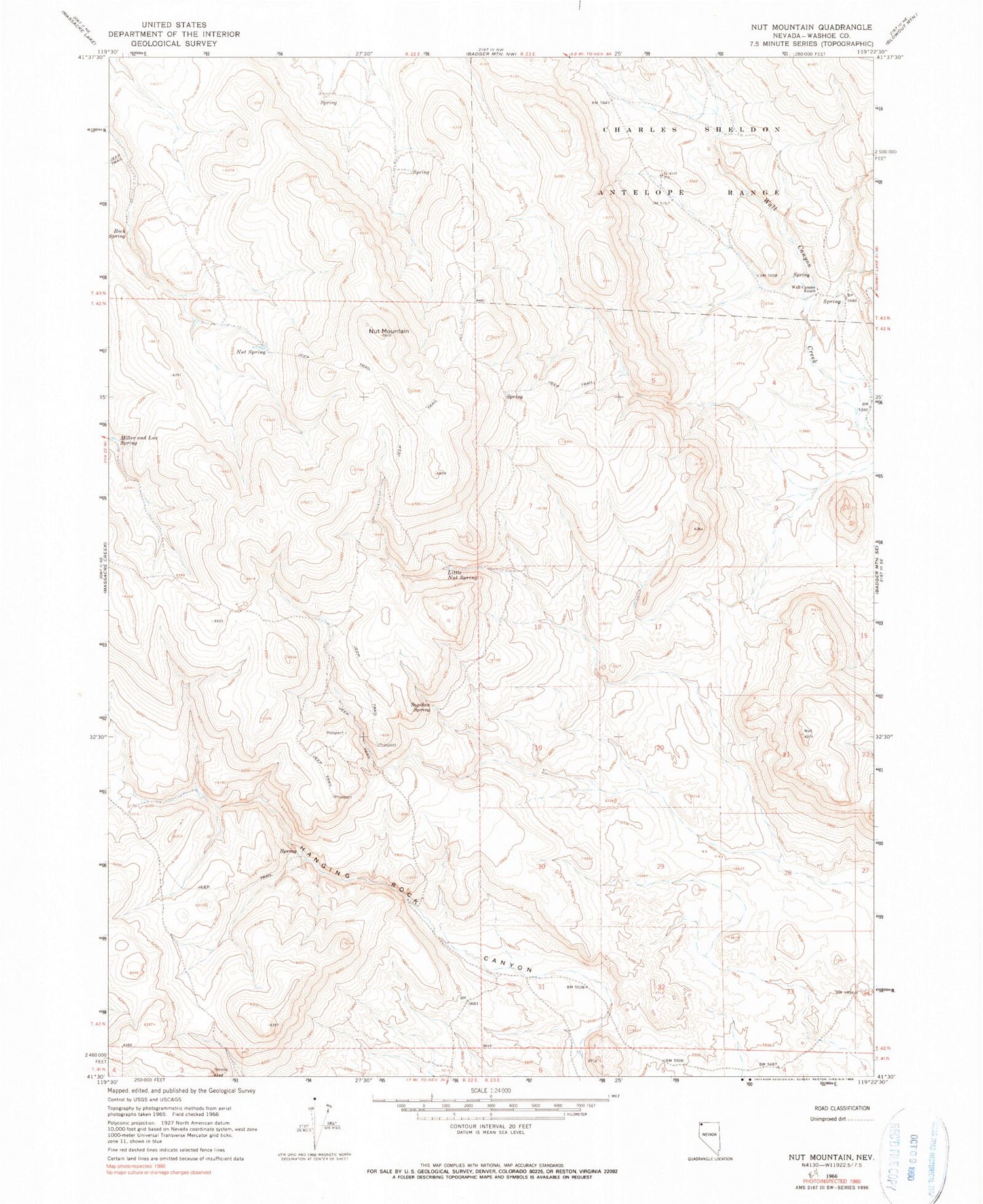 Classic USGS Nut Mountain Nevada 7.5'x7.5' Topo Map Image