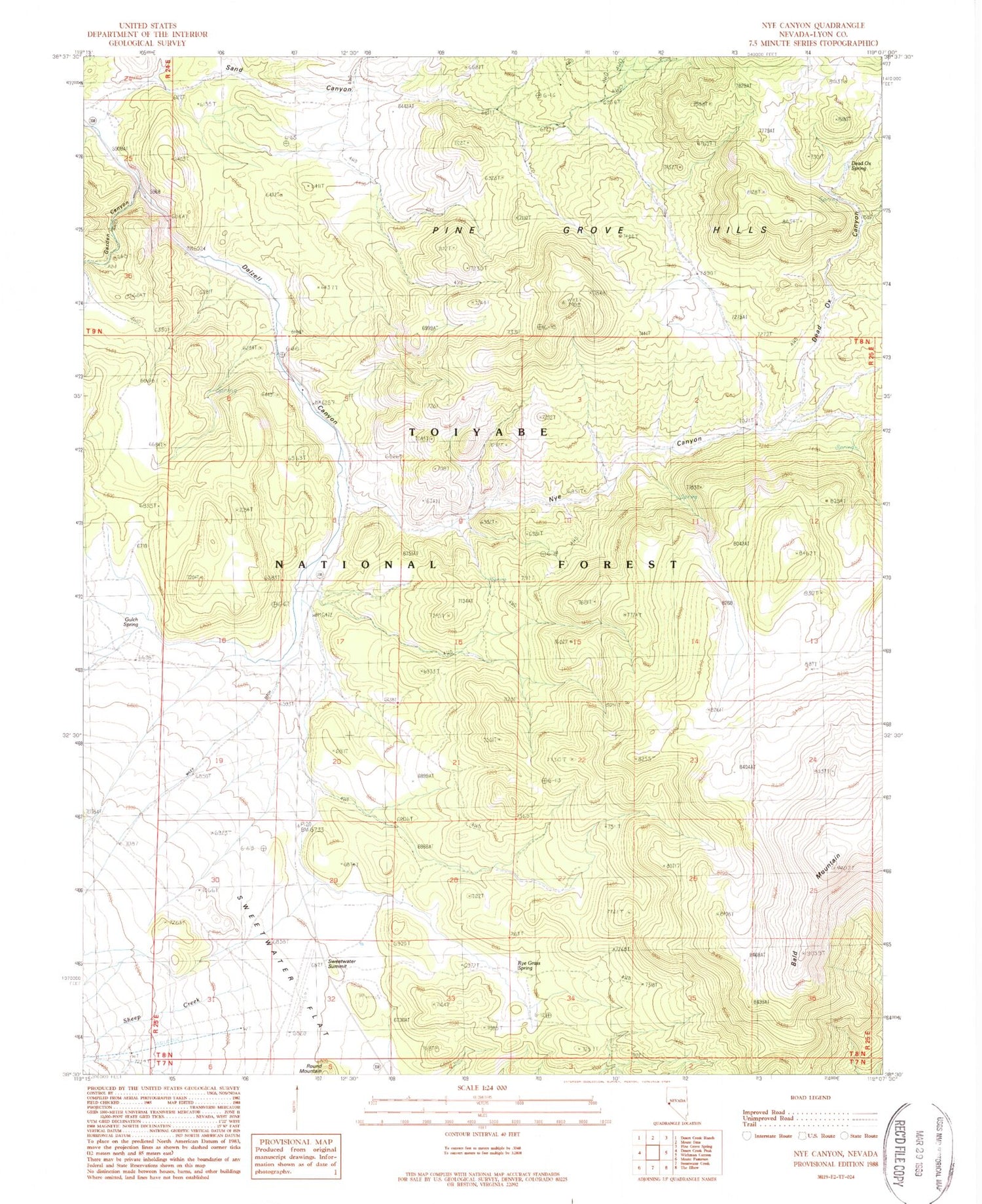 Classic USGS Nye Canyon Nevada 7.5'x7.5' Topo Map Image