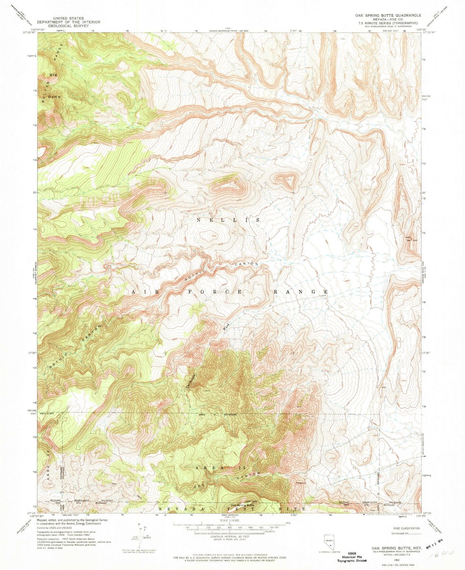 Classic USGS Oak Spring Butte Nevada 7.5'x7.5' Topo Map Image