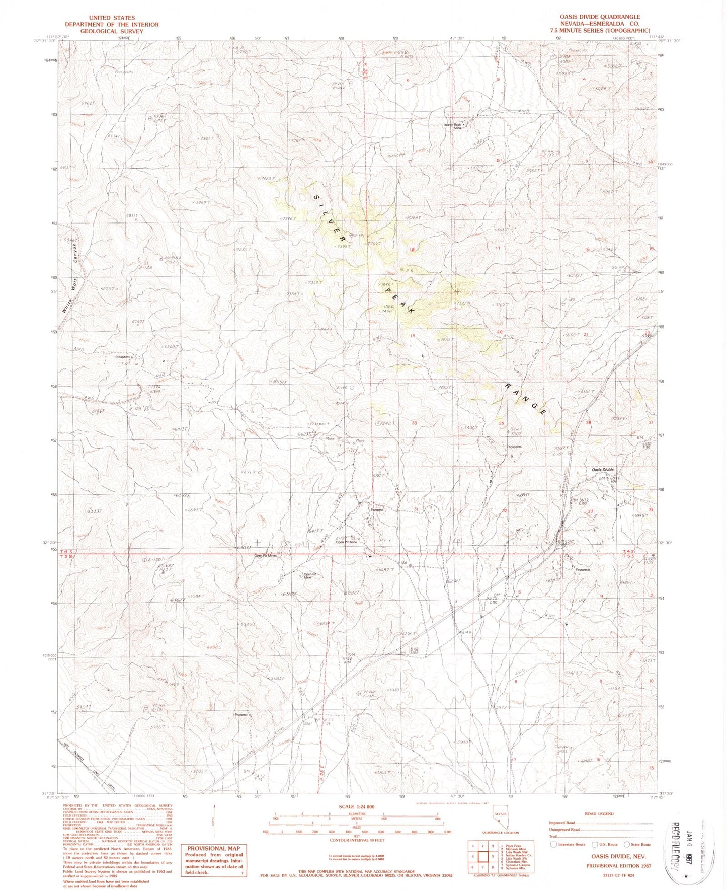 Classic USGS Oasis Divide Nevada 7.5'x7.5' Topo Map Image