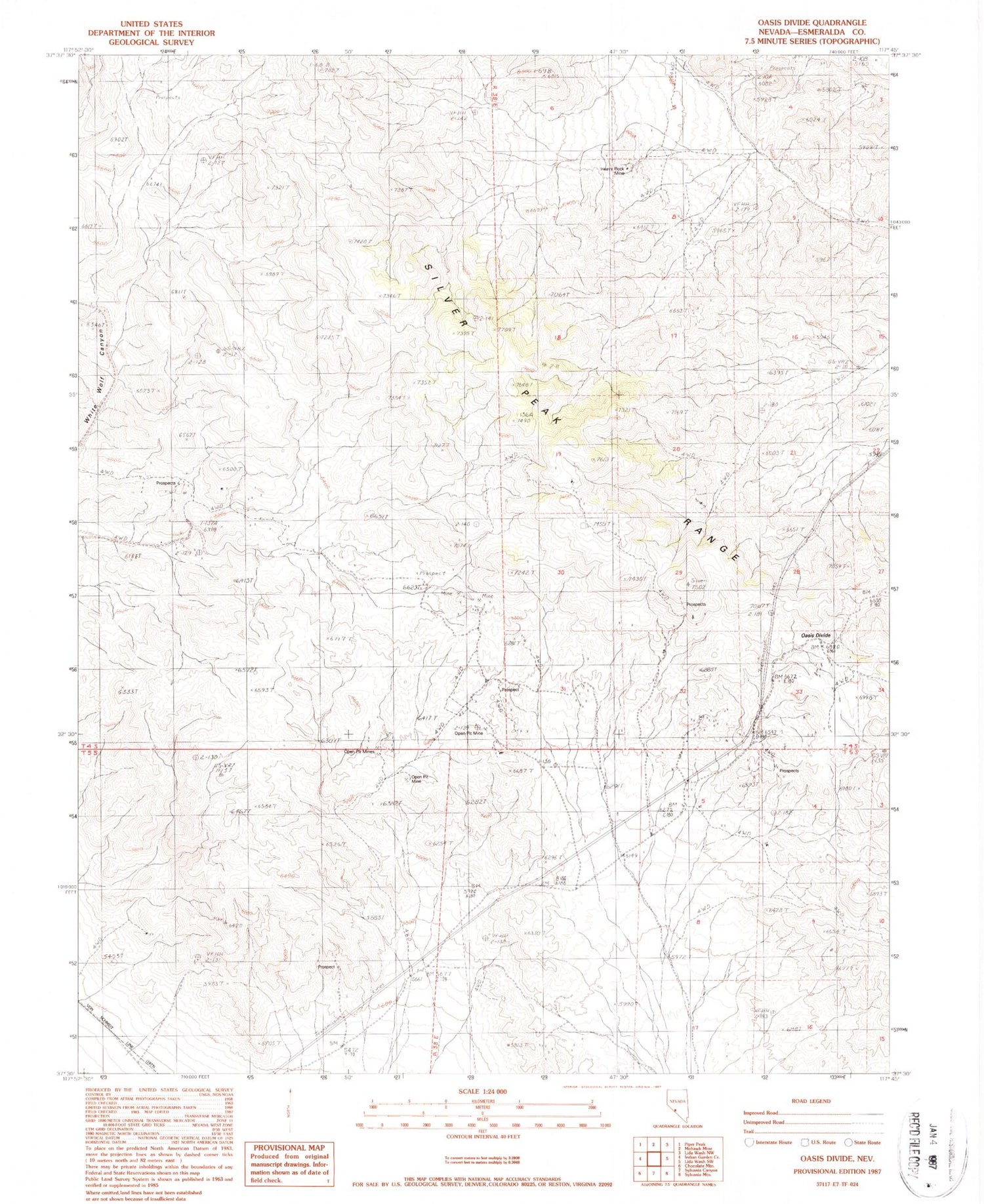 Classic USGS Oasis Divide Nevada 7.5'x7.5' Topo Map Image