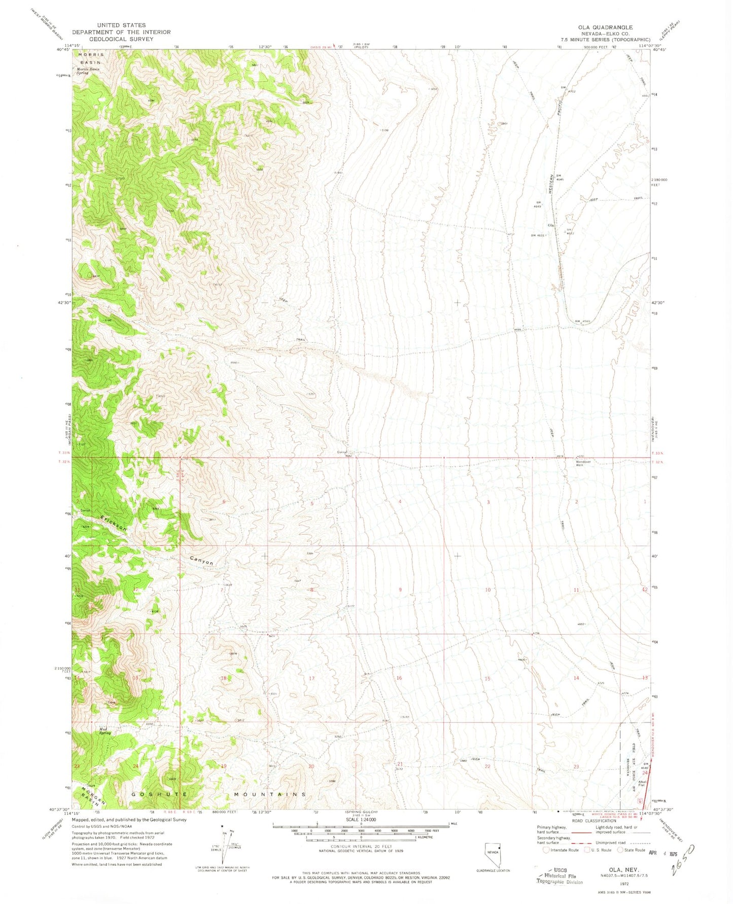 Classic USGS Ola Nevada 7.5'x7.5' Topo Map Image