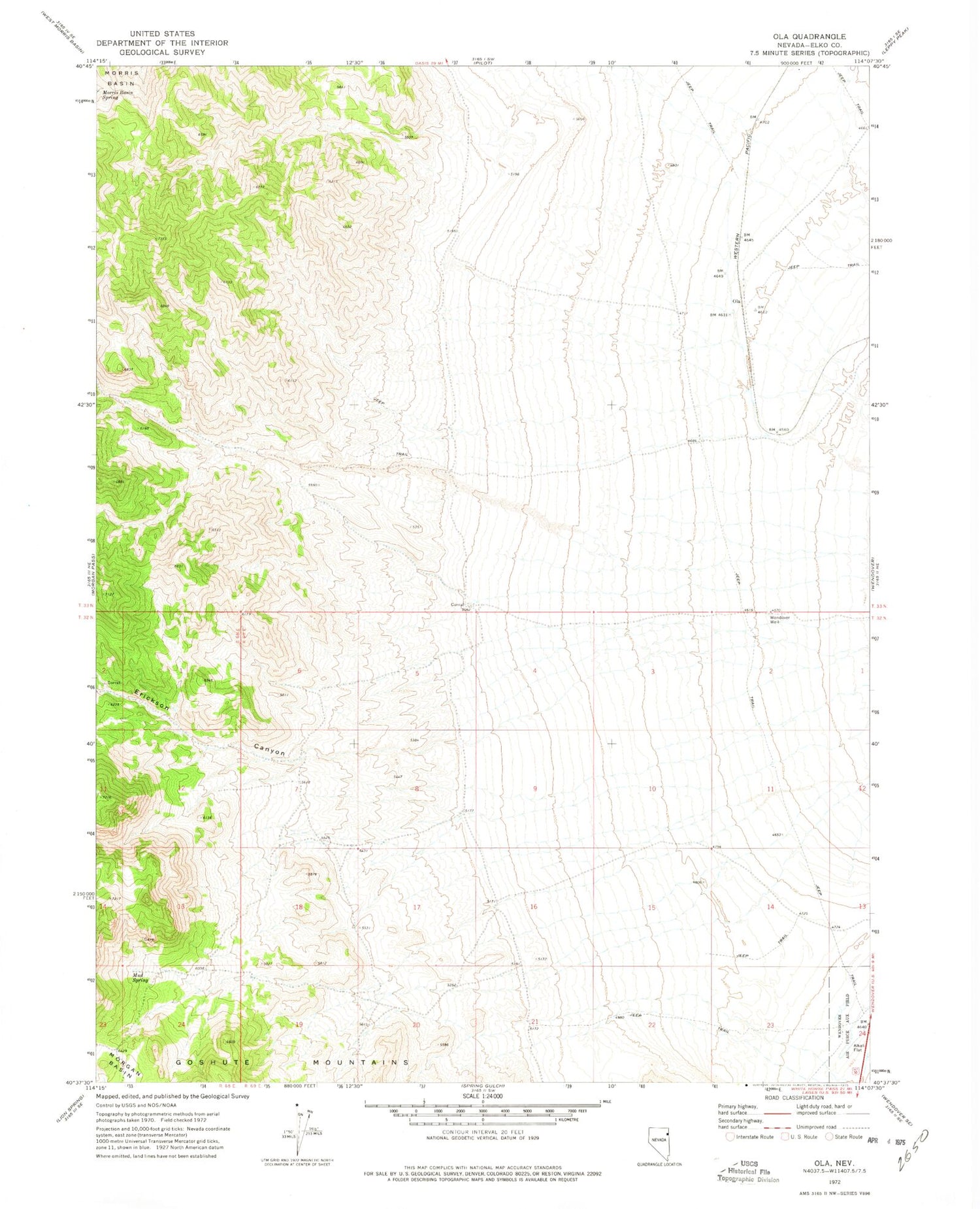 Classic USGS Ola Nevada 7.5'x7.5' Topo Map Image