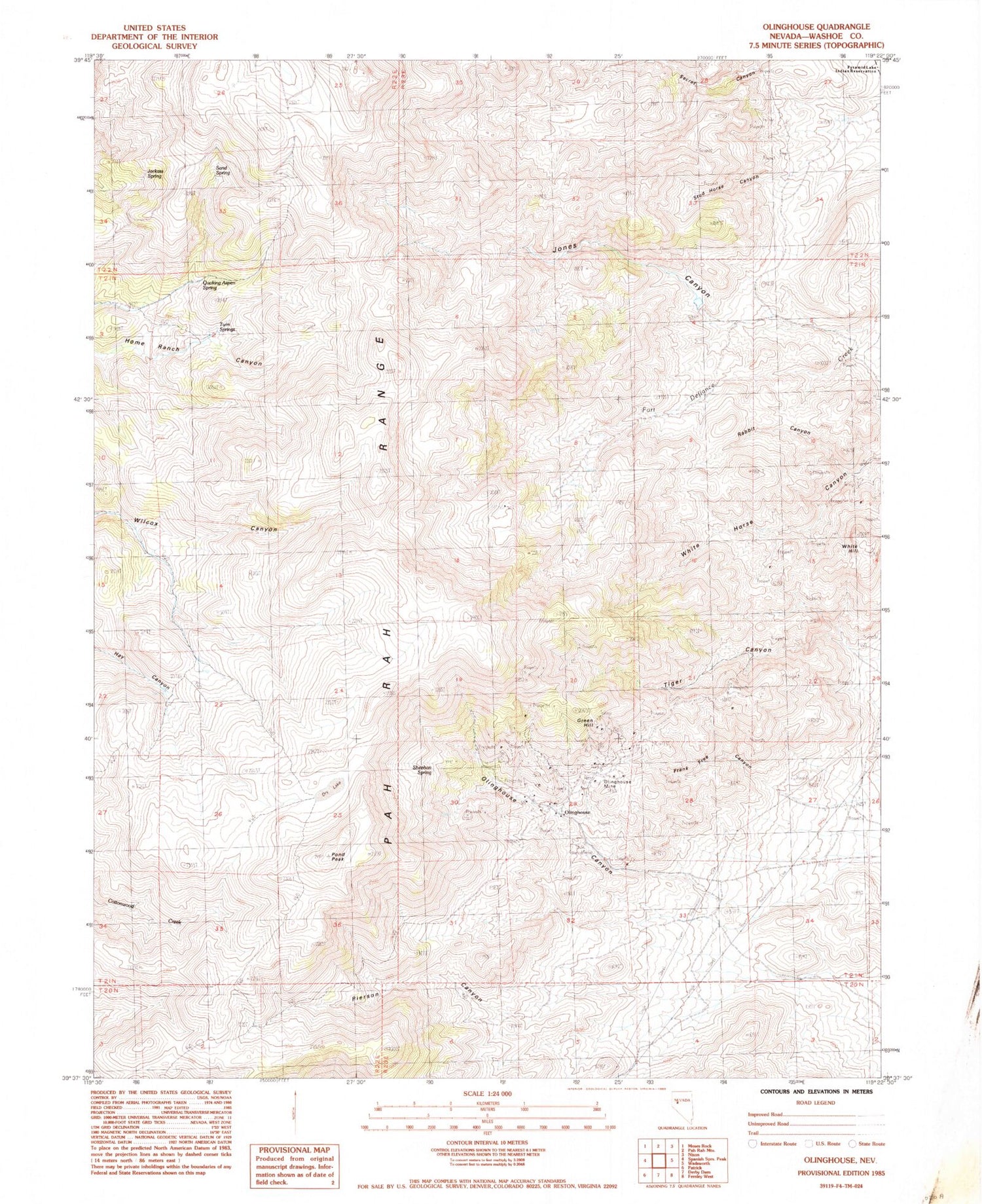 Classic USGS Olinghouse Nevada 7.5'x7.5' Topo Map Image